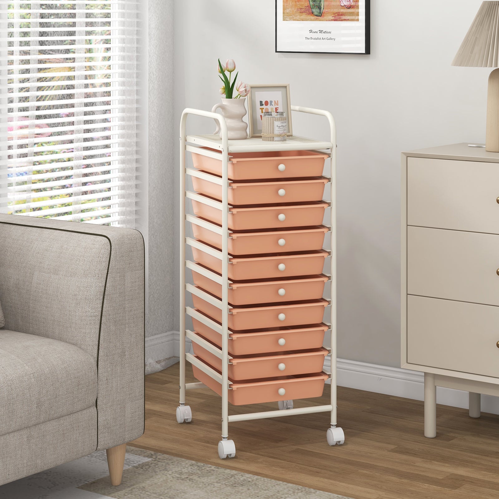 10 Drawer Rolling Storage Cart Organizer with 4 Universal Casters, Cherry File Cabinets at Gallery Canada