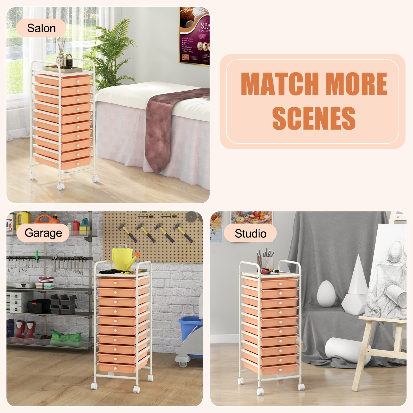 10 Drawer Rolling Storage Cart Organizer with 4 Universal Casters, Cherry File Cabinets at Gallery Canada