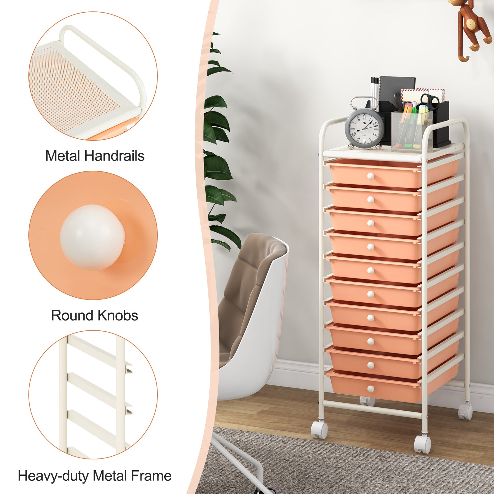 10 Drawer Rolling Storage Cart Organizer with 4 Universal Casters, Cherry File Cabinets at Gallery Canada