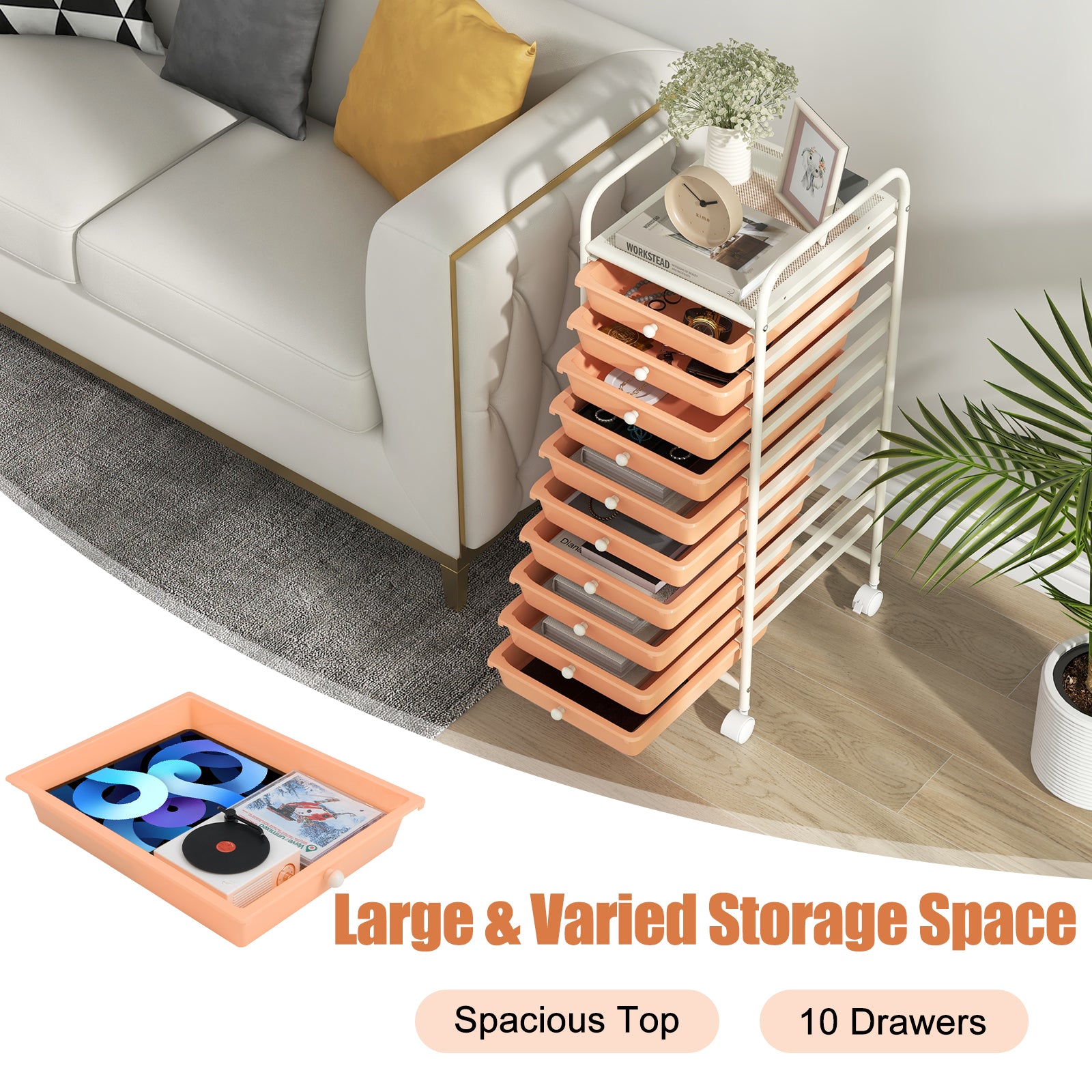 10 Drawer Rolling Storage Cart Organizer with 4 Universal Casters, Cherry File Cabinets at Gallery Canada