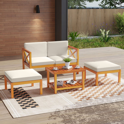 5 Pieces Acacia Wood Patio Lounge Chair Set with Ottomans and Cushions, White Patio Conversation Sets at Gallery Canada