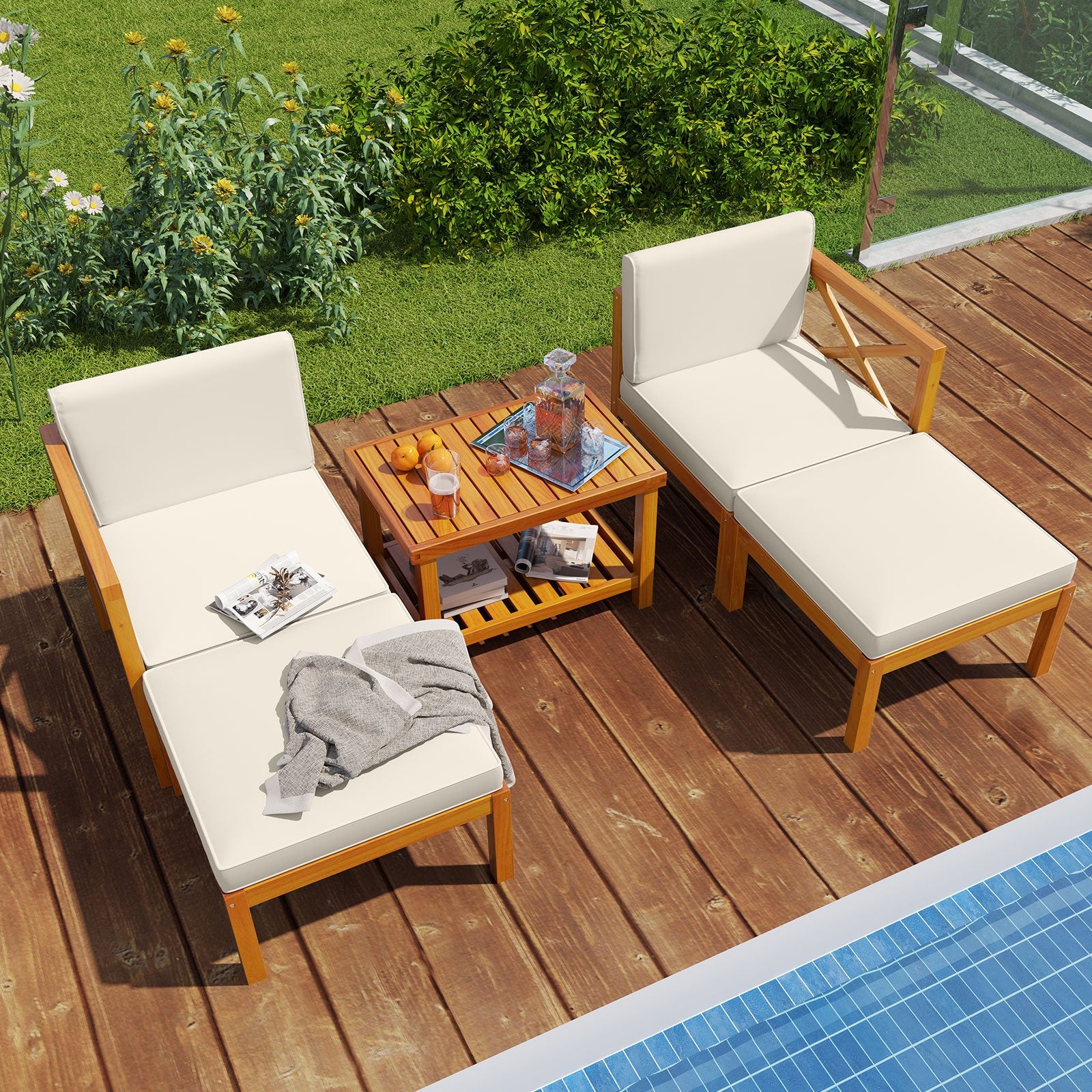 5 Pieces Acacia Wood Patio Lounge Chair Set with Ottomans and Cushions, White Patio Conversation Sets at Gallery Canada