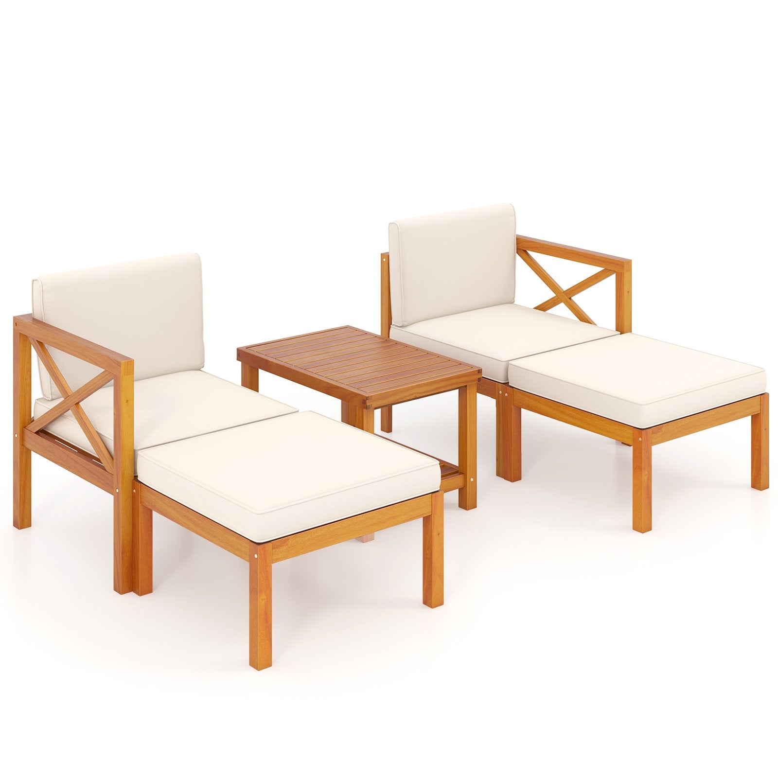 5 Pieces Acacia Wood Patio Lounge Chair Set with Ottomans and Cushions, White Patio Conversation Sets White at Gallery Canada