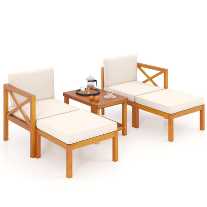 5 Pieces Acacia Wood Patio Lounge Chair Set with Ottomans and Cushions, White Patio Conversation Sets at Gallery Canada