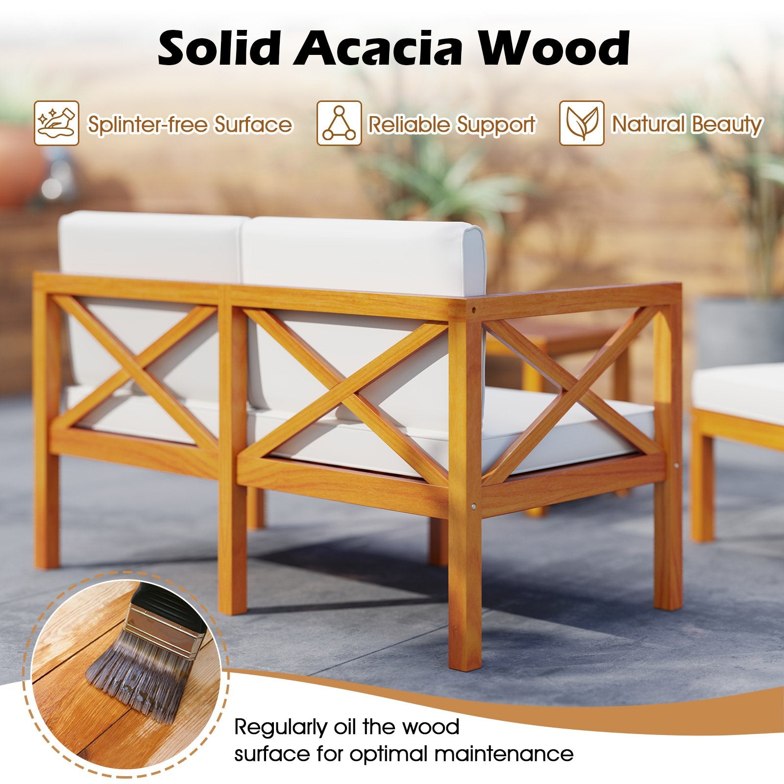 5 Pieces Acacia Wood Patio Lounge Chair Set with Ottomans and Cushions, White Patio Conversation Sets at Gallery Canada