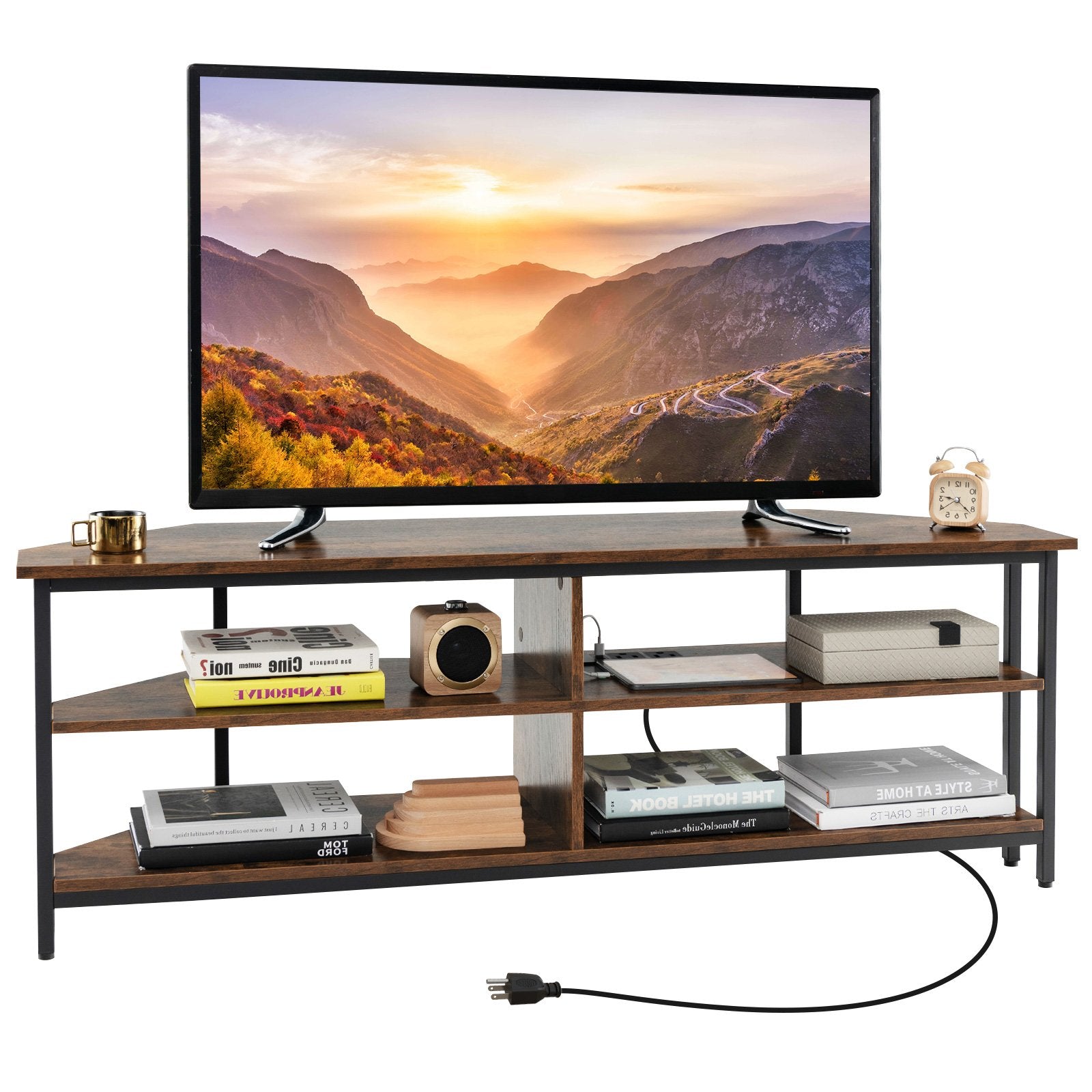 3-Tier Corner TV Stand for TVs up to 65 Inches with Charging Station- Rustic Brown, Rustic Brown Entertainment Centers & TV Stands Rustic Brown at Gallery Canada