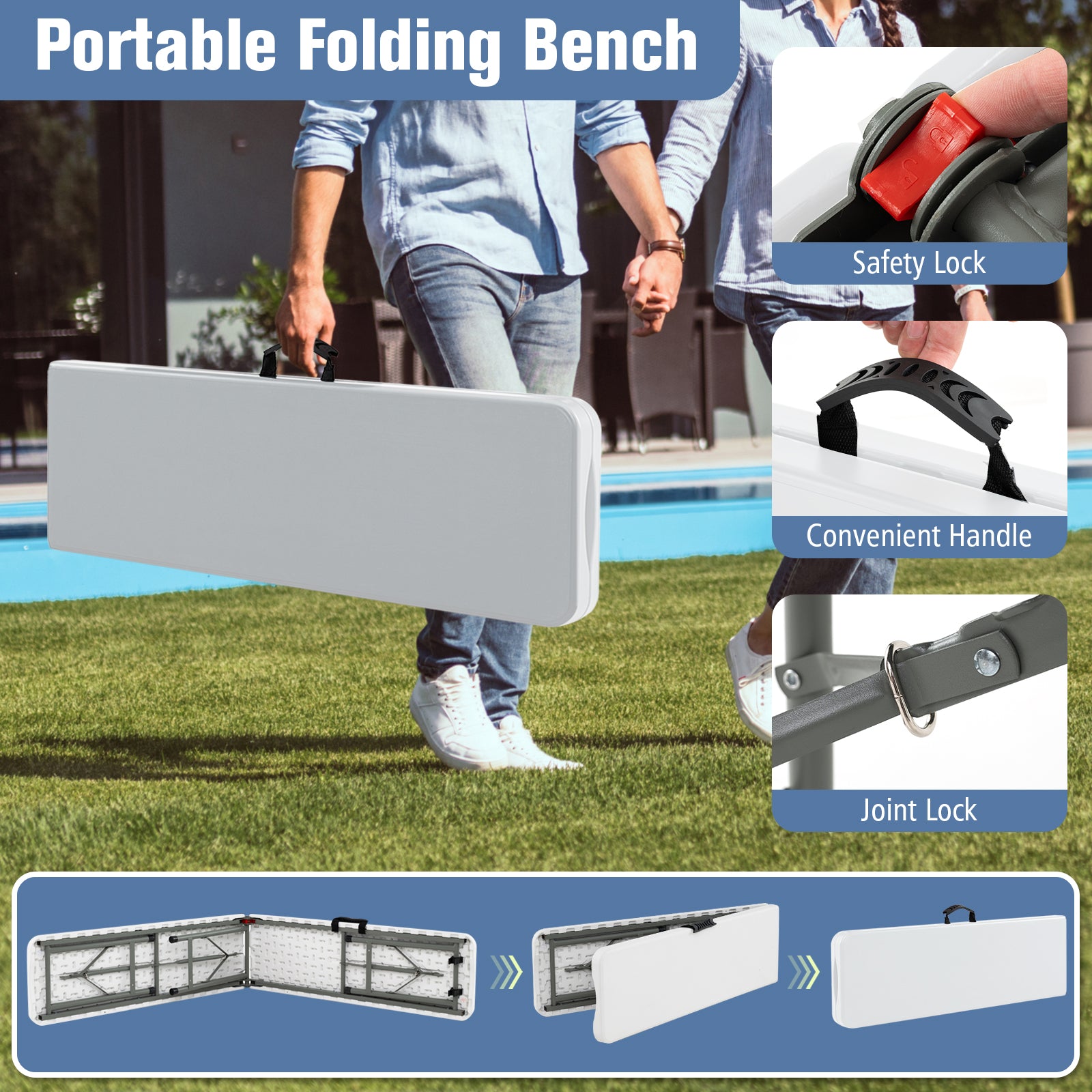 6 Feet Plastic Folding Bench Portable Seat with Handle and Lock, White Camping Furniture at Gallery Canada