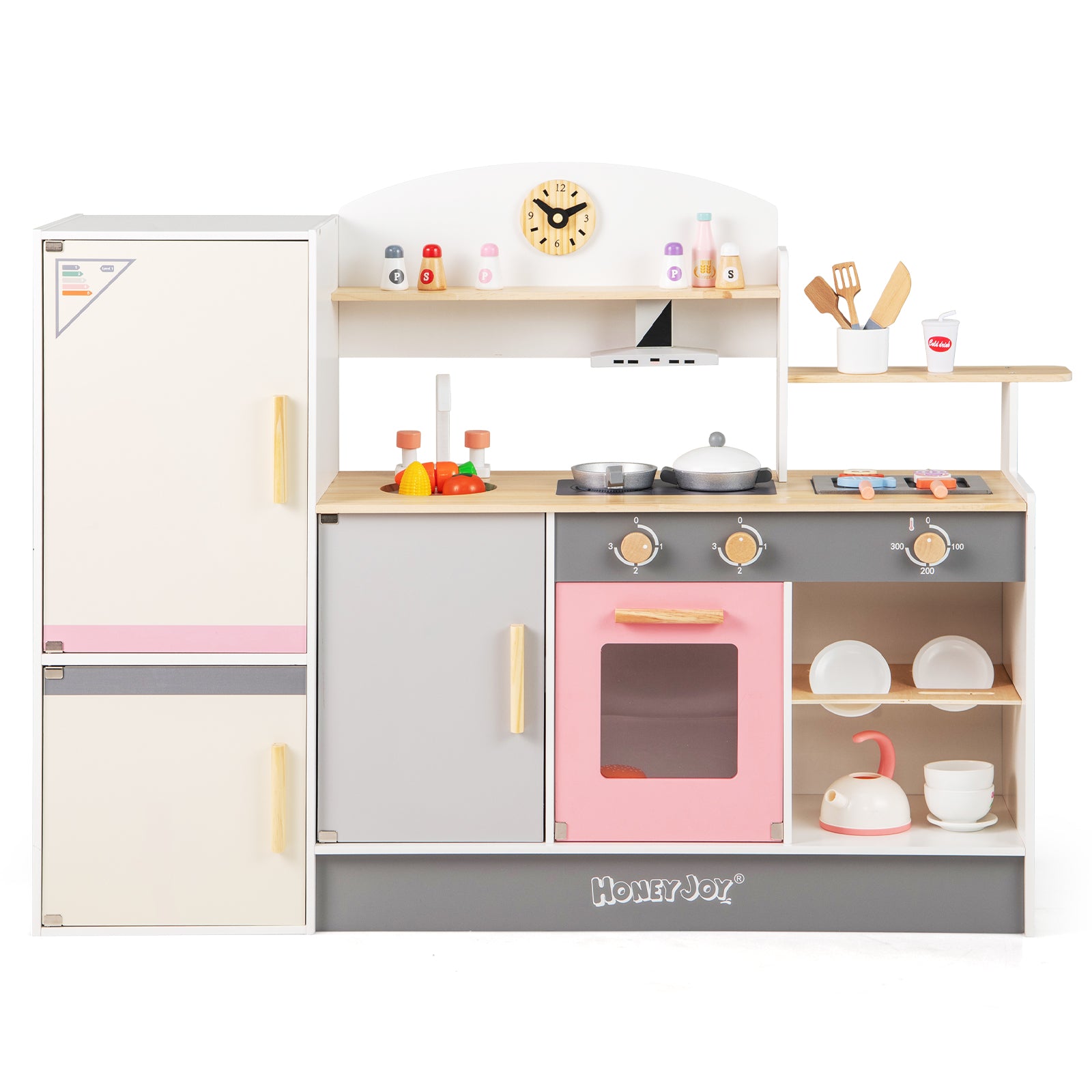 Kids Play Kitchen Set with Realistic Range Hood and Refrigerator Play Kitchen Sets Beige, Gray, Pink at Gallery Canada