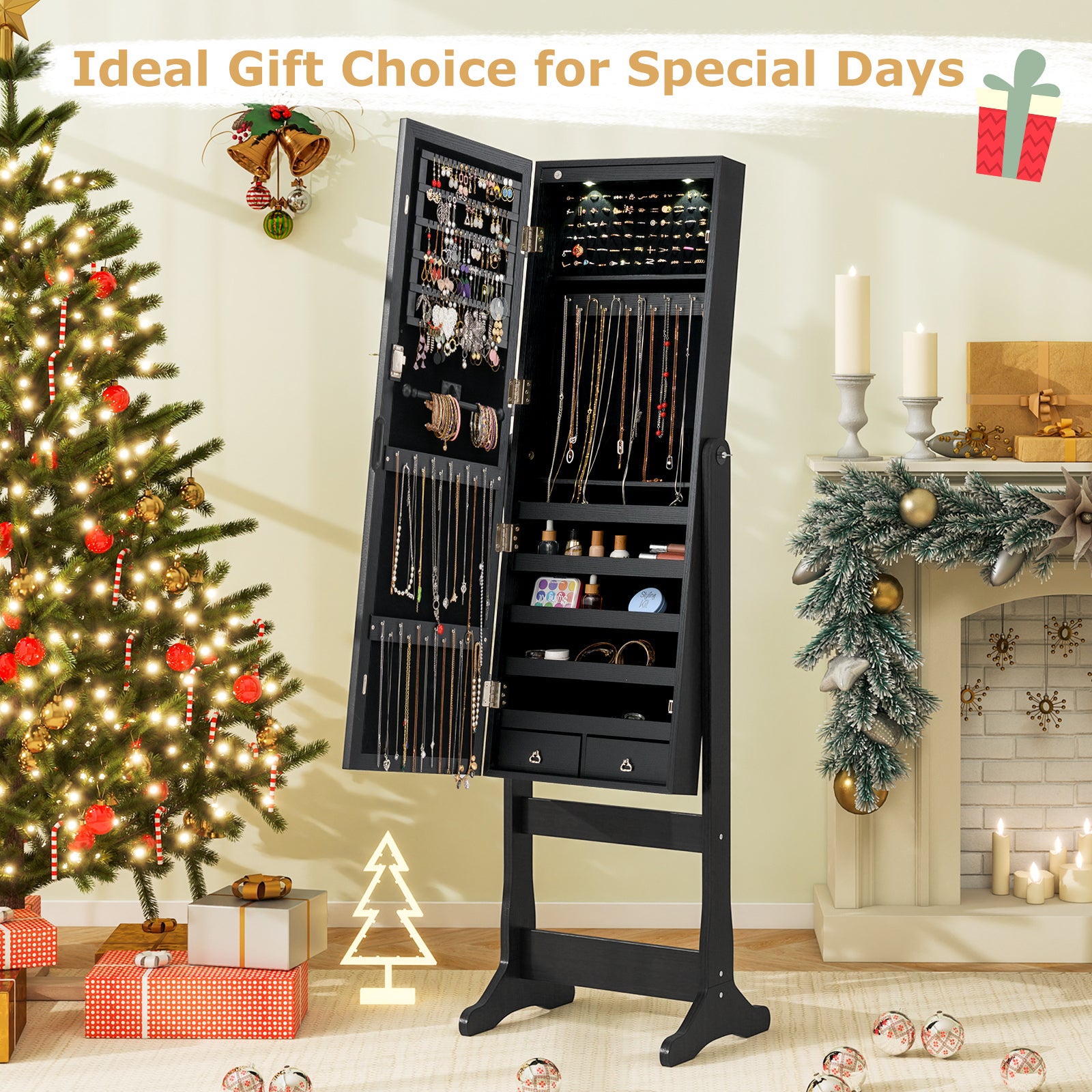 Lockable Freestanding Jewelry Cabinet Armoire with Full-Length Mirror and Lights, Black Jewelry Armoires at Gallery Canada