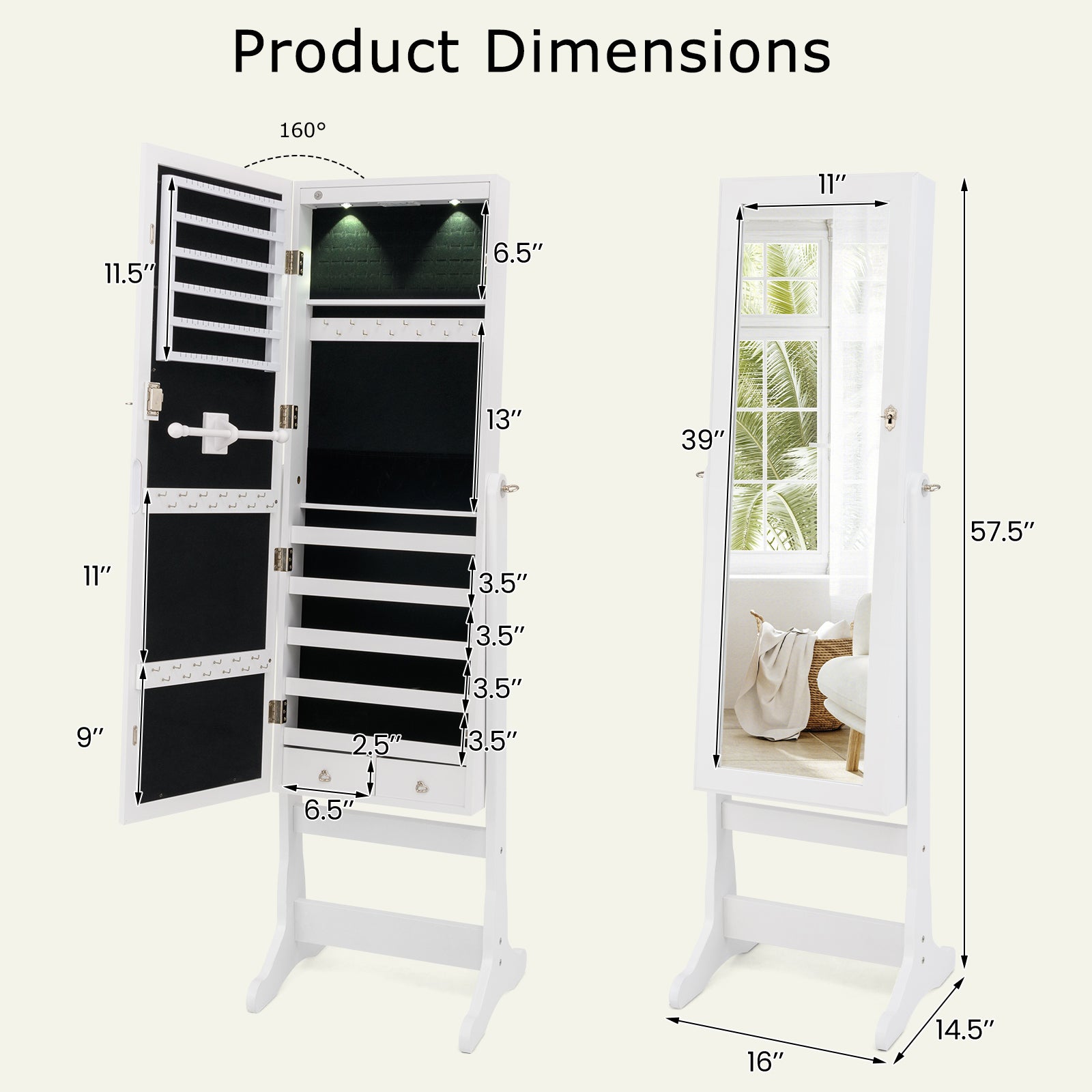 Lockable Freestanding Jewelry Cabinet Armoire with Full-Length Mirror and Lights, White Jewelry Armoires at Gallery Canada