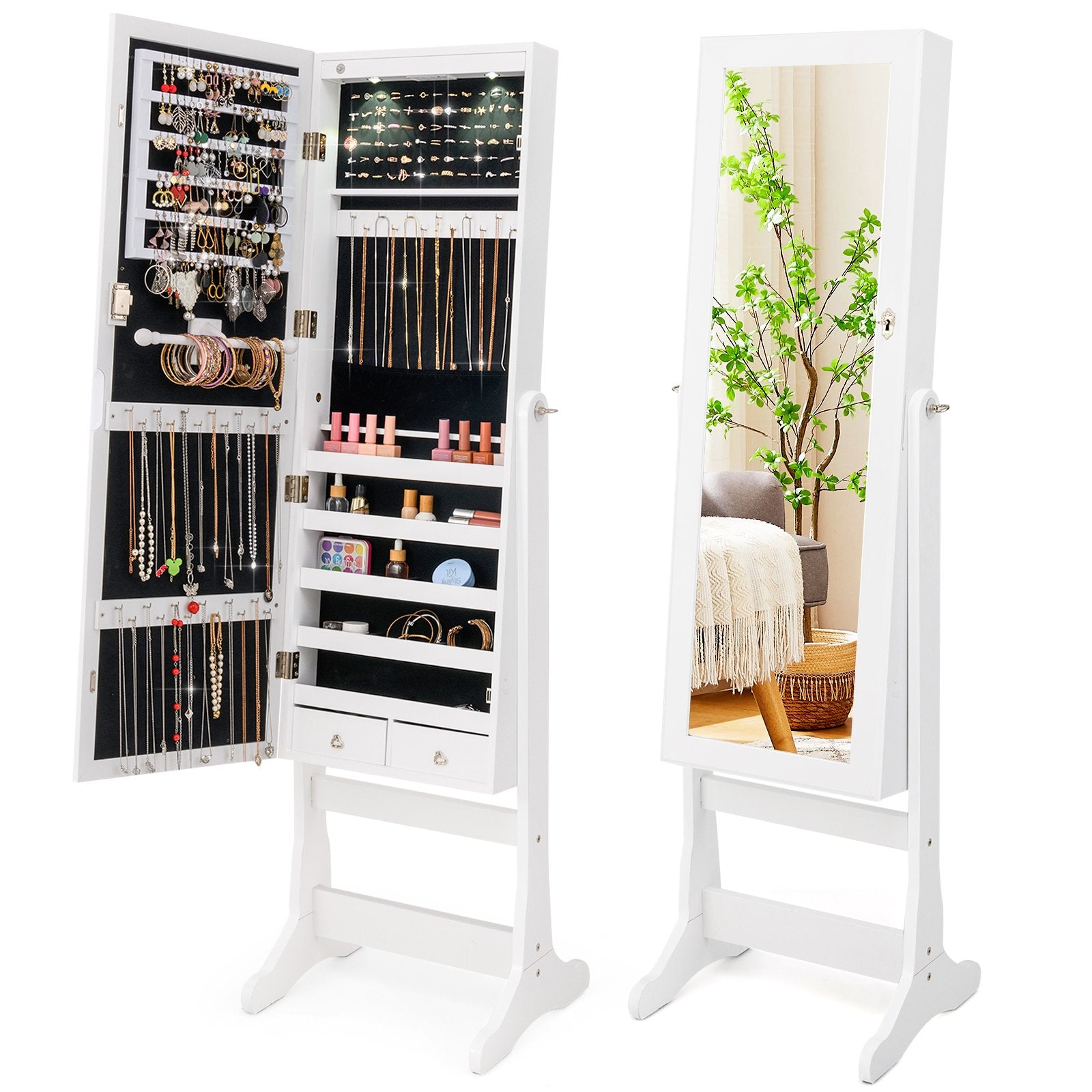 Lockable Freestanding Jewelry Cabinet Armoire with Full-Length Mirror and Lights, White Jewelry Armoires White at Gallery Canada