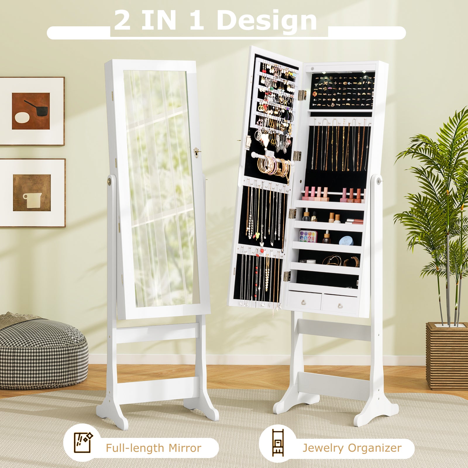 Lockable Freestanding Jewelry Cabinet Armoire with Full-Length Mirror and Lights, White Jewelry Armoires at Gallery Canada