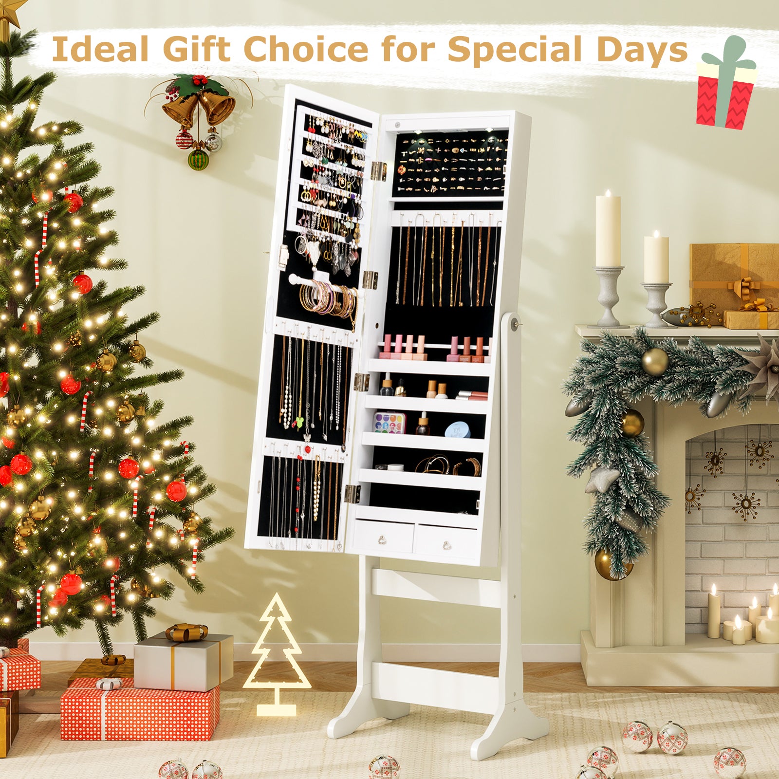 Lockable Freestanding Jewelry Cabinet Armoire with Full-Length Mirror and Lights, White Jewelry Armoires at Gallery Canada
