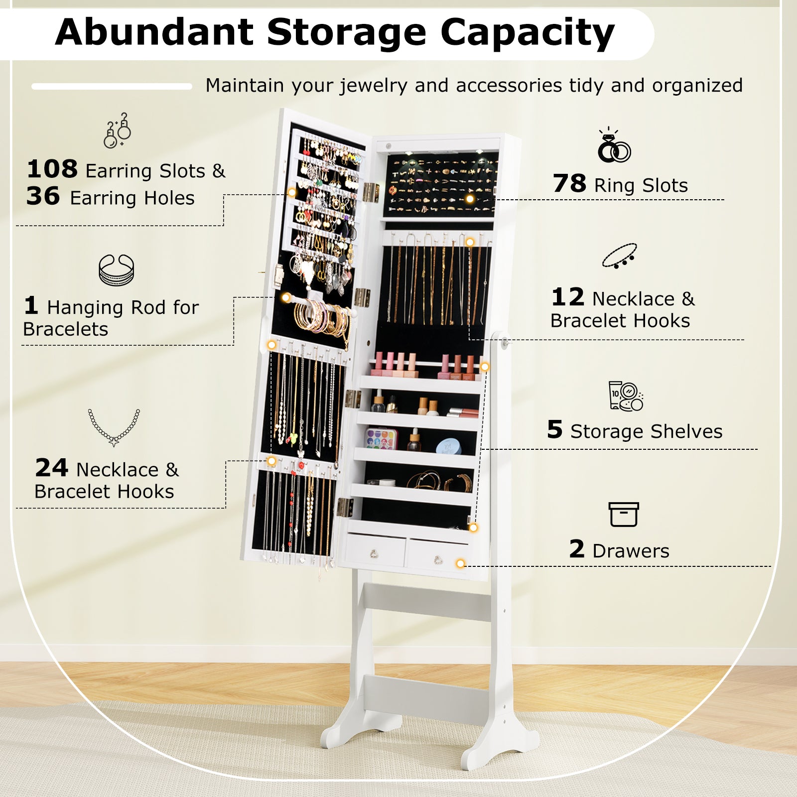 Lockable Freestanding Jewelry Cabinet Armoire with Full-Length Mirror and Lights, White Jewelry Armoires at Gallery Canada