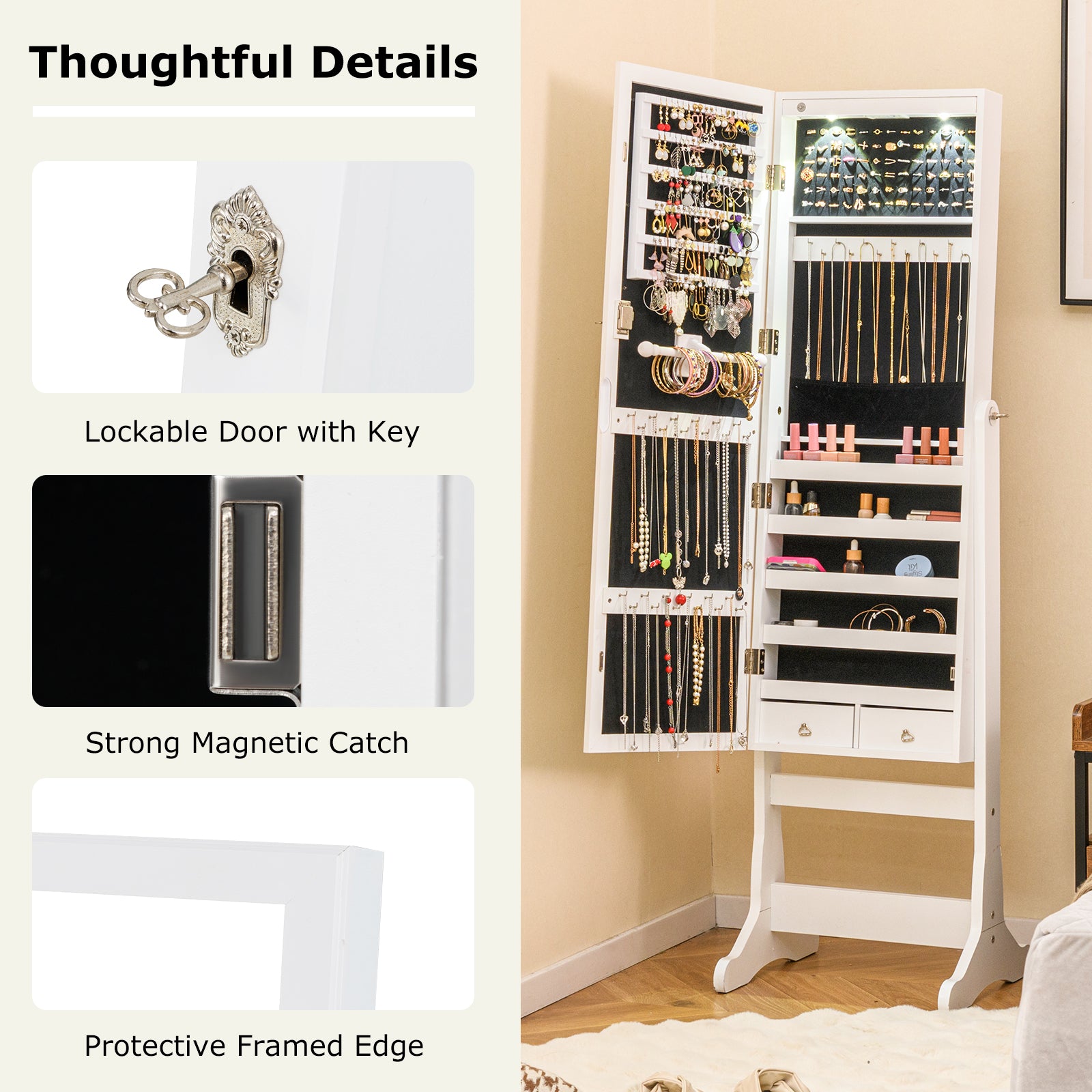 Lockable Freestanding Jewelry Cabinet Armoire with Full-Length Mirror and Lights, White Jewelry Armoires at Gallery Canada