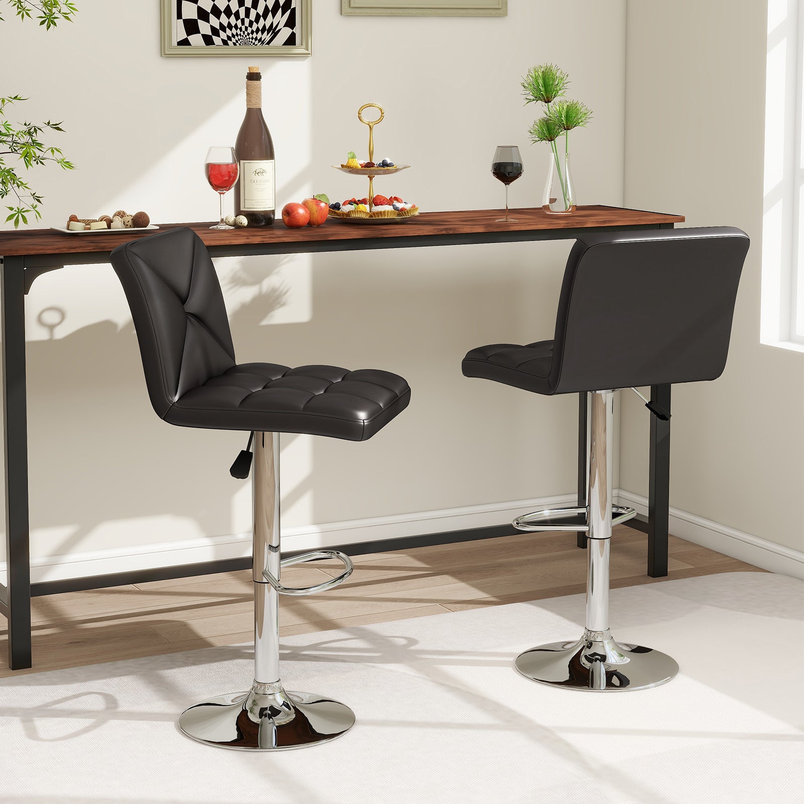 PU Leather Upholstered Bar Stools Set of 2 with Back and Adjustable Height, Black Bar Stools at Gallery Canada