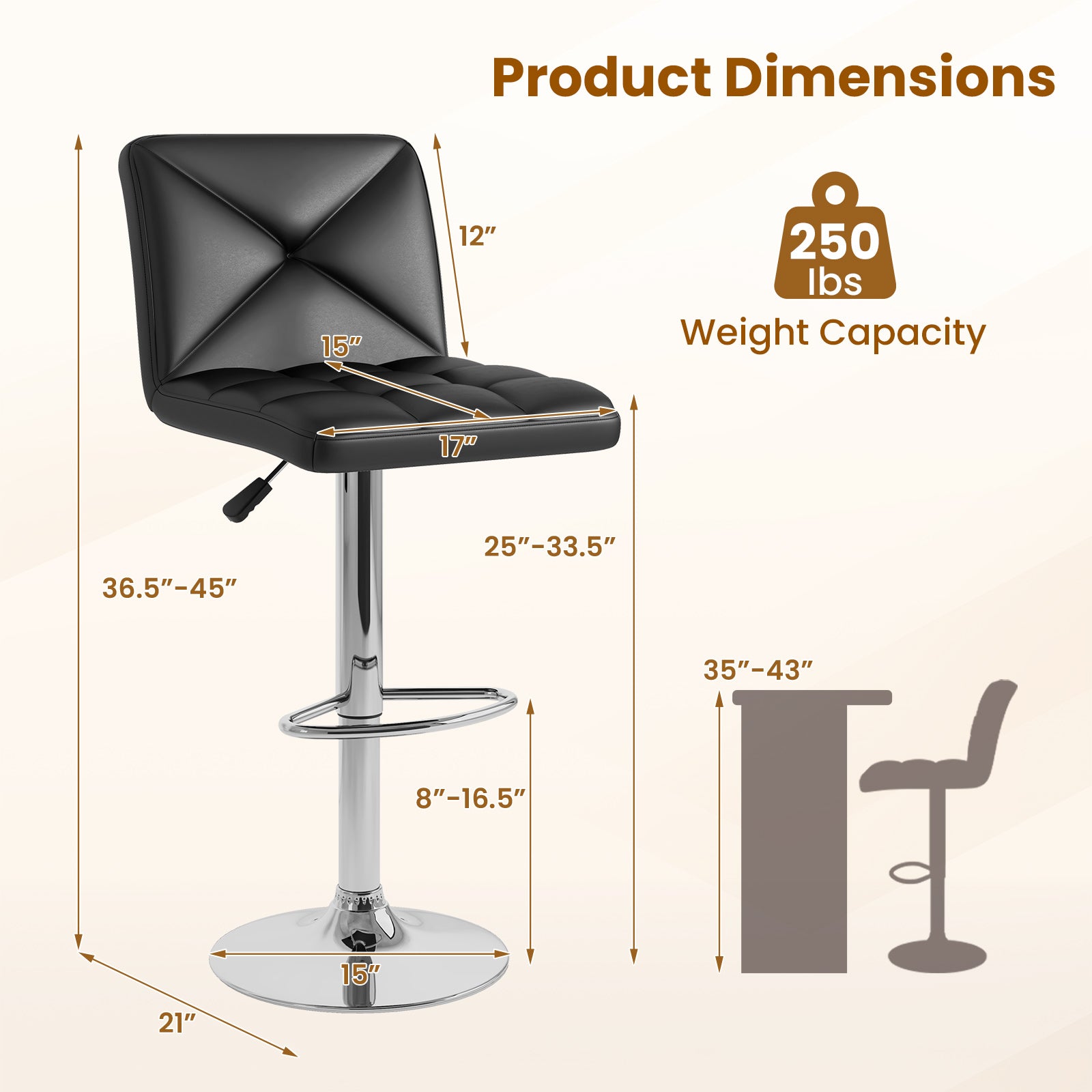 PU Leather Upholstered Bar Stools Set of 2 with Back and Adjustable Height, Black Bar Stools at Gallery Canada