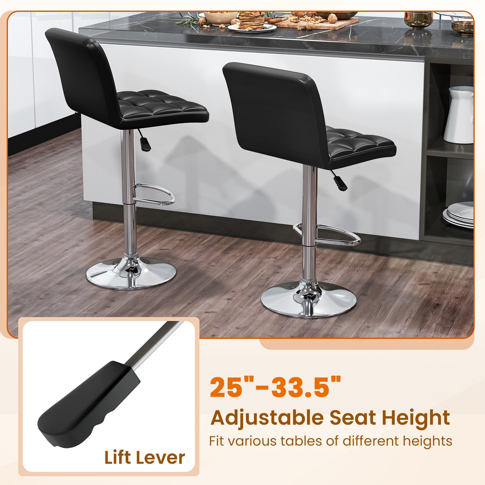 PU Leather Upholstered Bar Stools Set of 2 with Back and Adjustable Height, Black Bar Stools at Gallery Canada