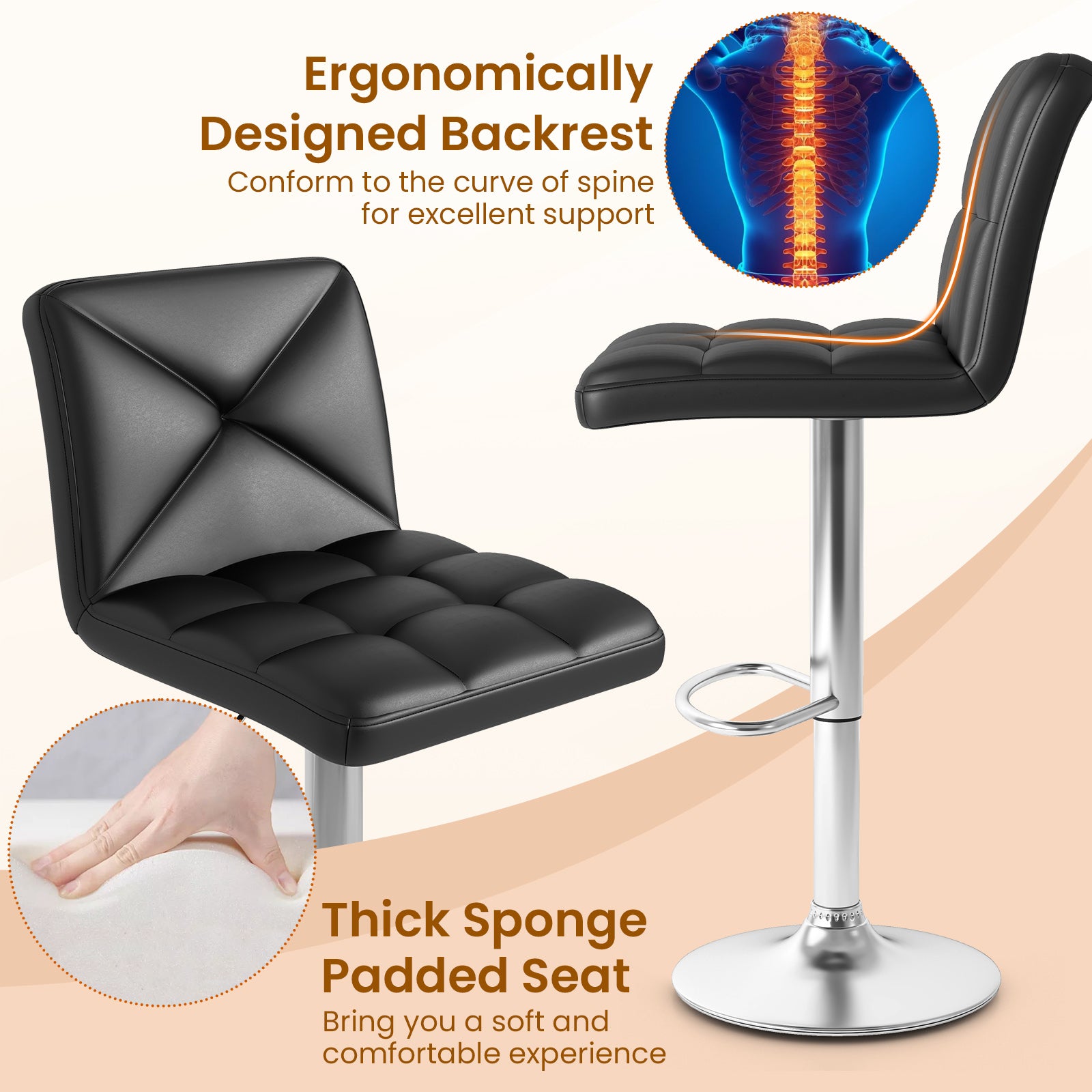 PU Leather Upholstered Bar Stools Set of 2 with Back and Adjustable Height, Black Bar Stools at Gallery Canada