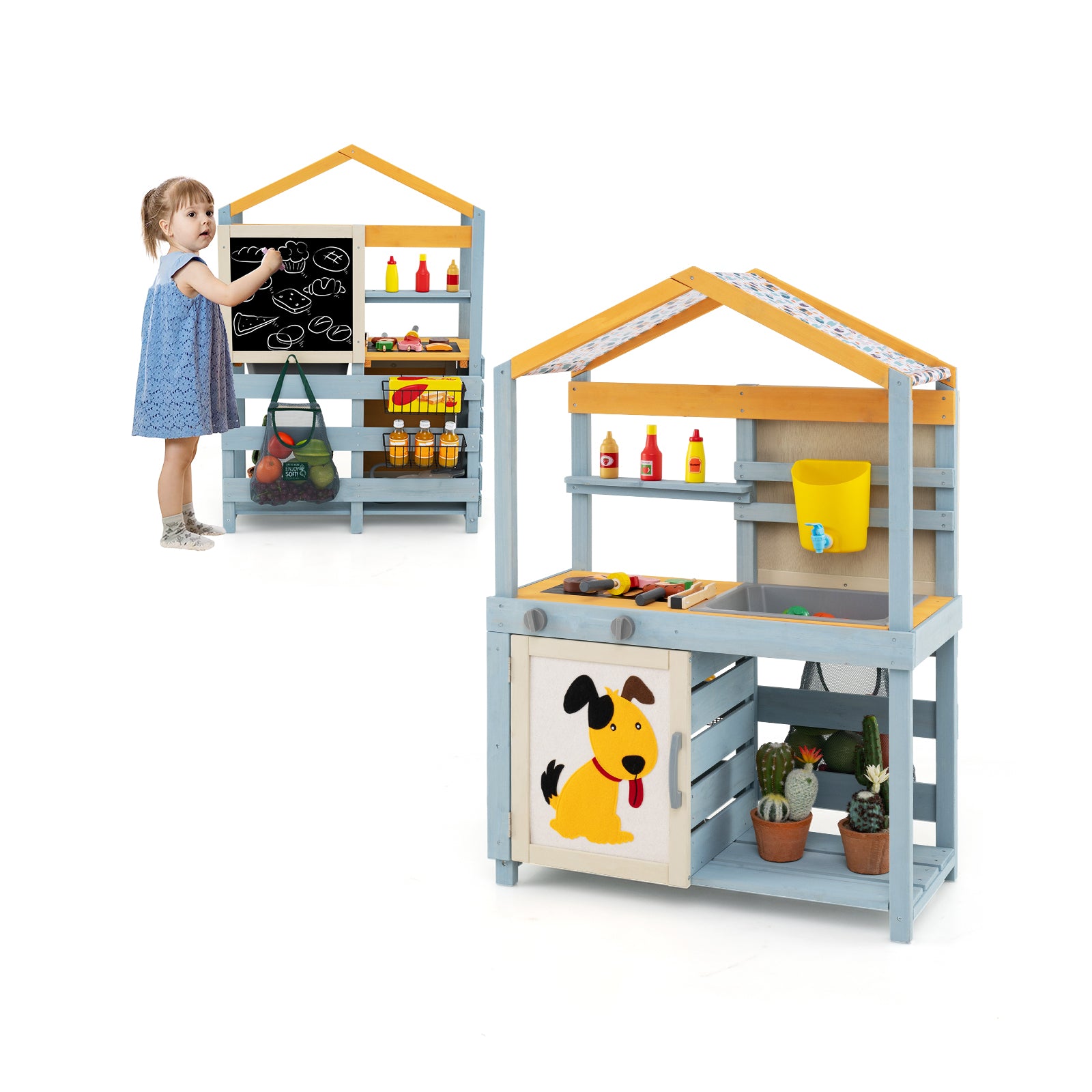 2 in 1 Wooden Mud Kitchen with Removable Water Box and Storage Bag, Gray Play Kitchen Sets at Gallery Canada