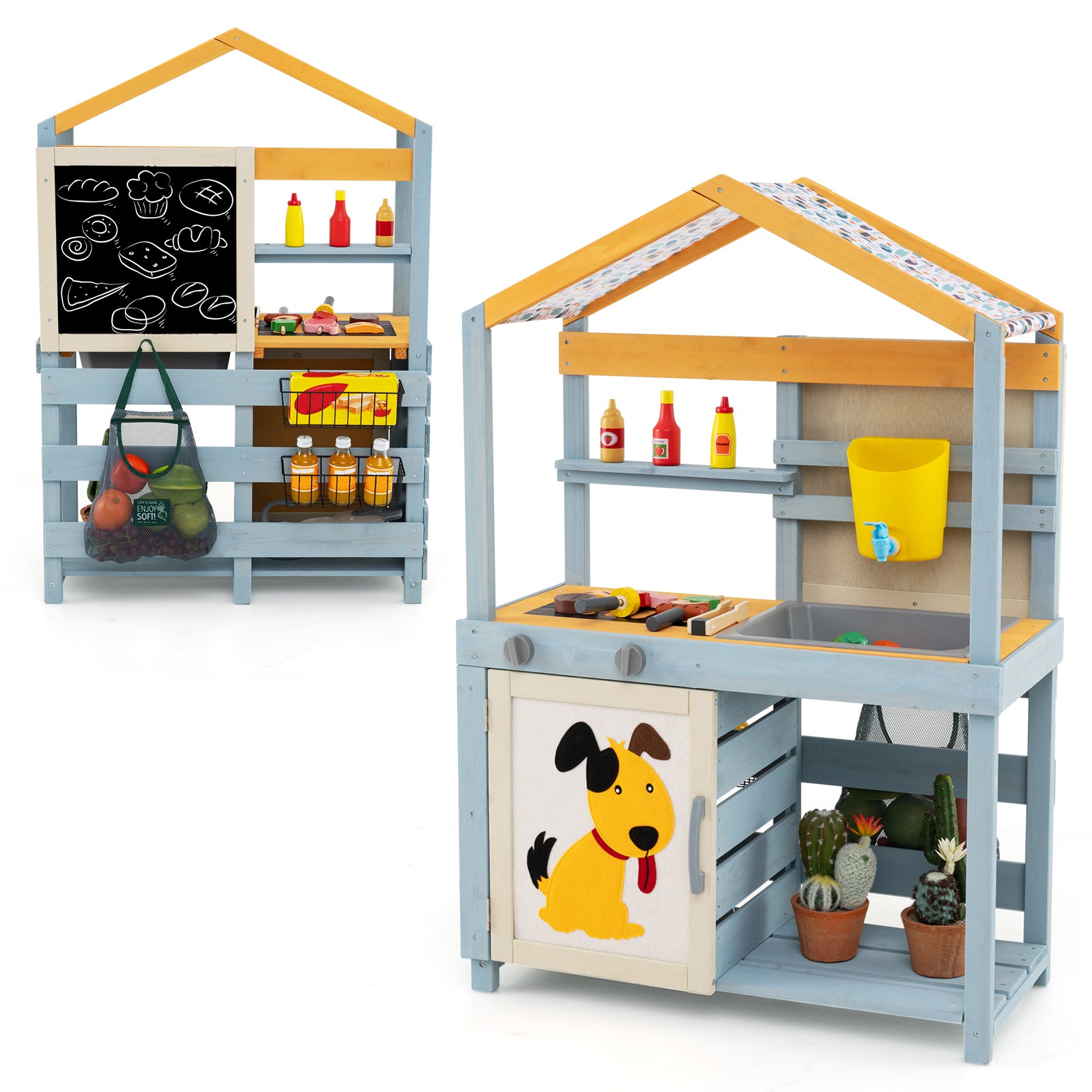 2 in 1 Wooden Mud Kitchen with Removable Water Box and Storage Bag, Gray Play Kitchen Sets Gray at Gallery Canada