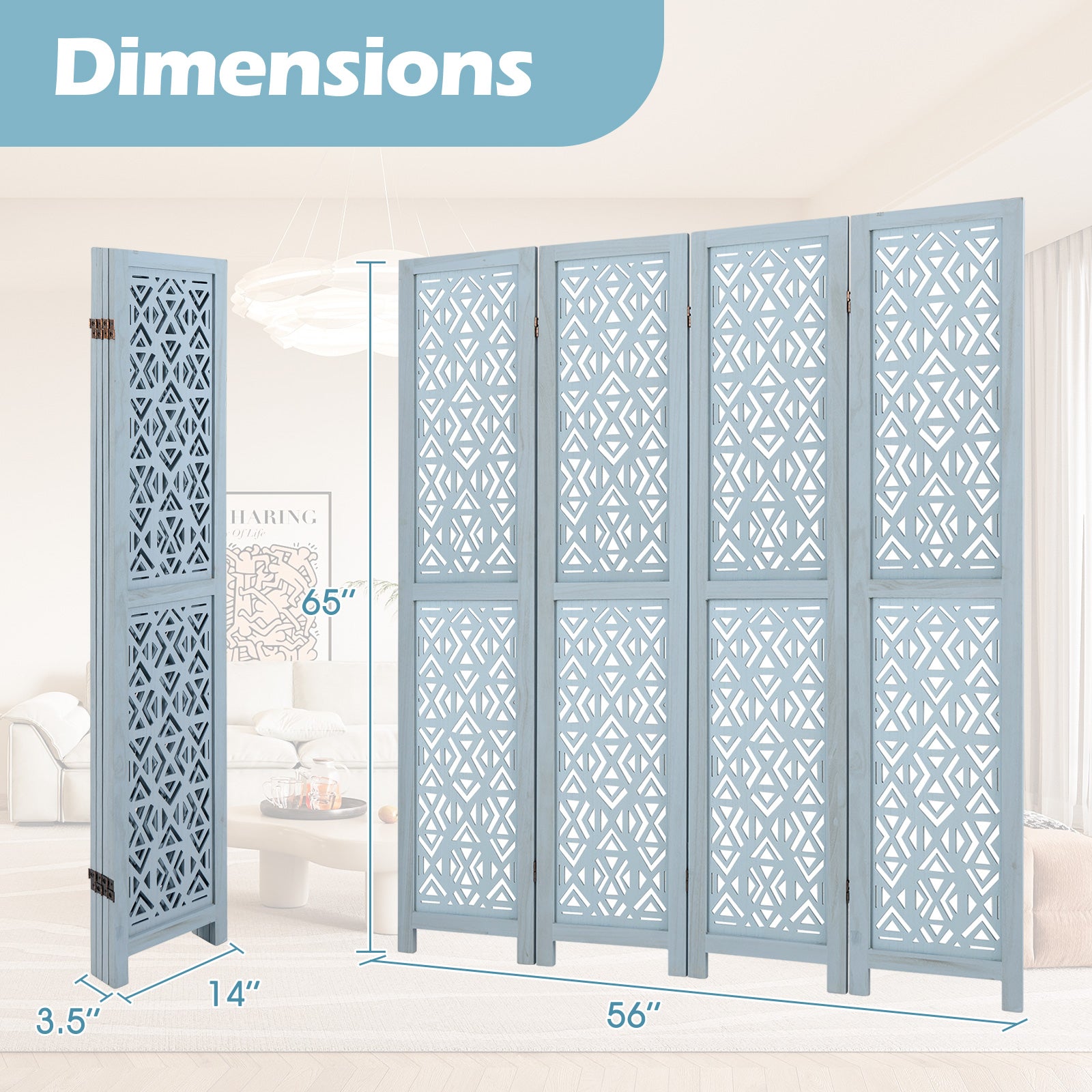 4/6 Panel Wooden Room Divider with Carved Cutout Pattern and Solid Wood Frame-4 Panel, Blue Room Dividers at Gallery Canada