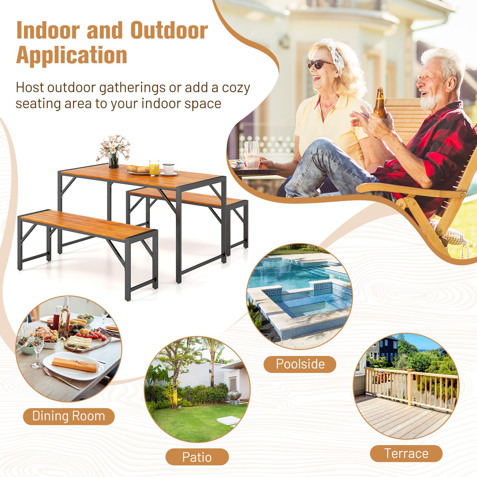 3 Pieces Patio Dining Set with Acacia Wood Dining Table and 2 Benches, Natural Patio Dining Sets at Gallery Canada