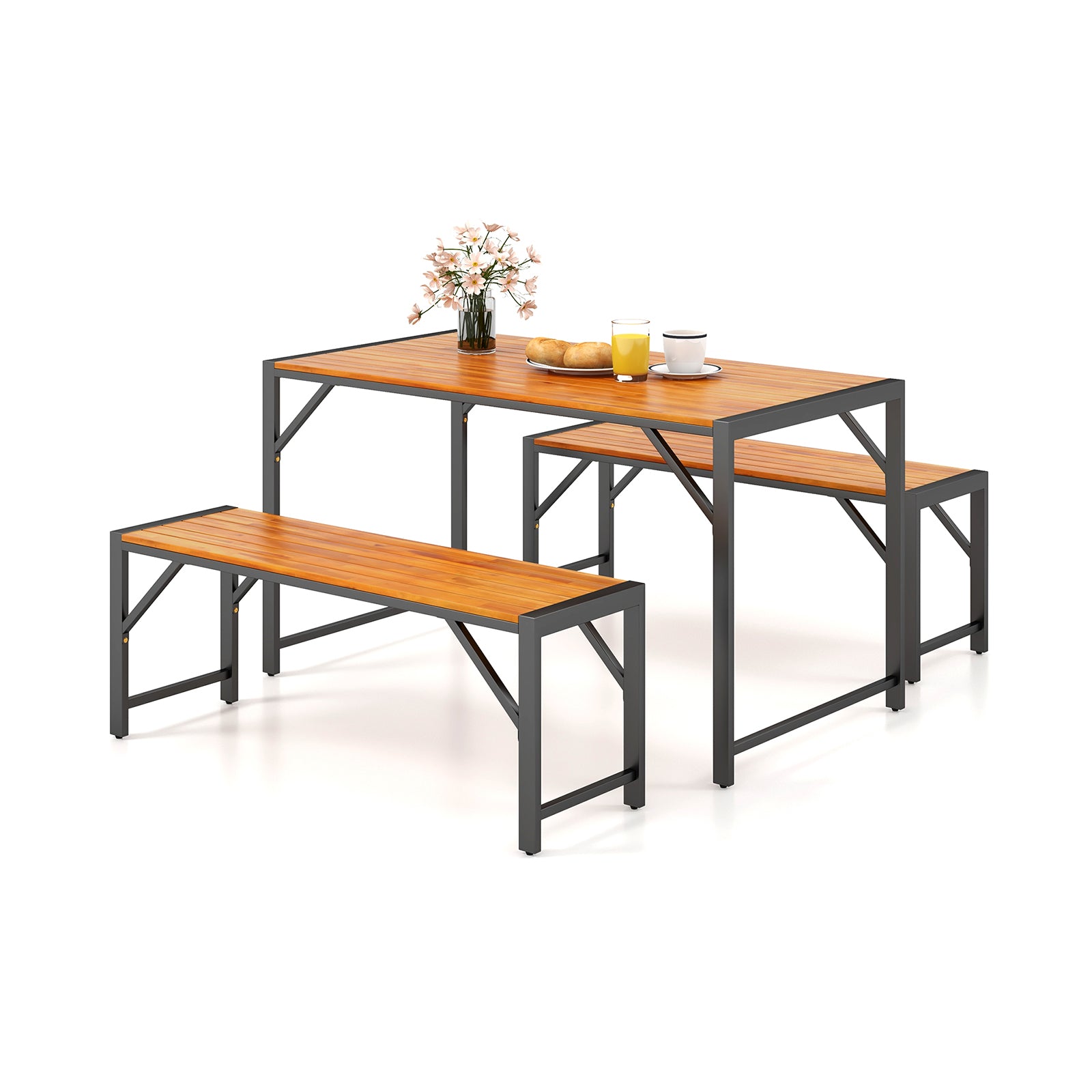 3 Pieces Patio Dining Set with Acacia Wood Dining Table and 2 Benches, Natural Patio Dining Sets at Gallery Canada