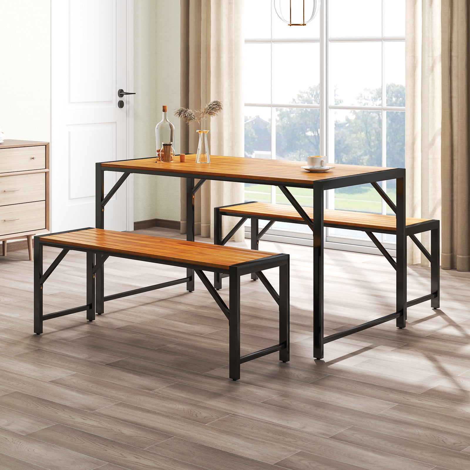 3 Pieces Patio Dining Set with Acacia Wood Dining Table and 2 Benches, Natural Patio Dining Sets at Gallery Canada