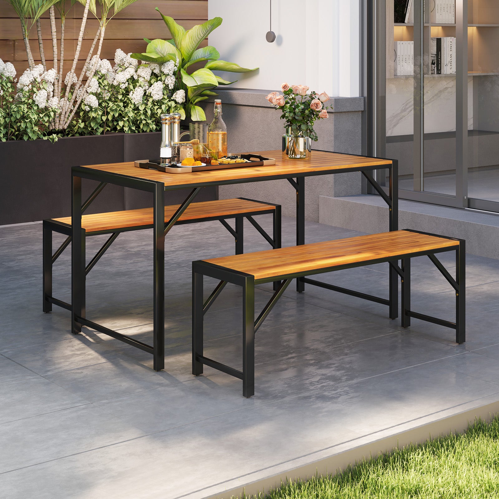 3 Pieces Patio Dining Set with Acacia Wood Dining Table and 2 Benches, Natural Patio Dining Sets at Gallery Canada