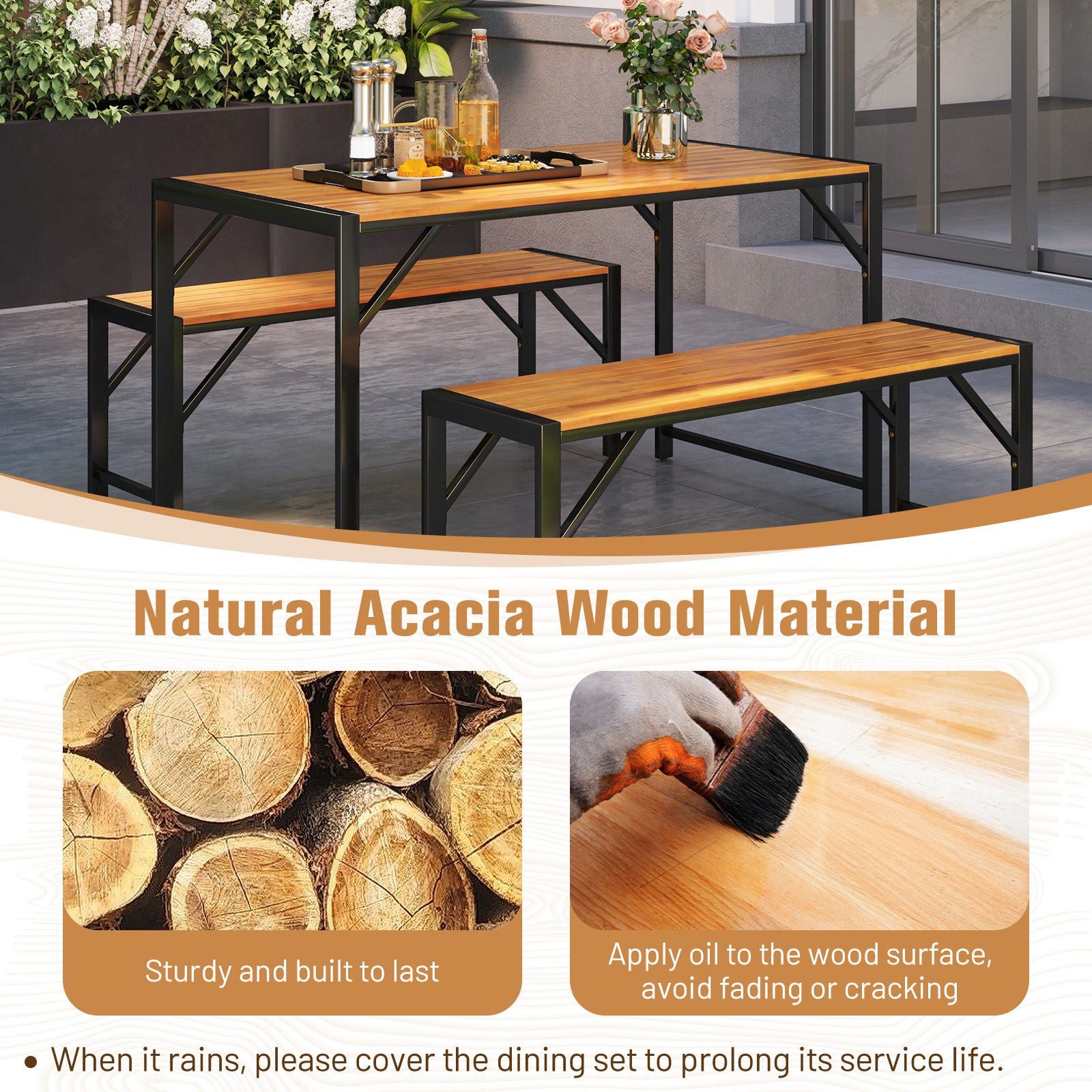 3 Pieces Patio Dining Set with Acacia Wood Dining Table and 2 Benches, Natural Patio Dining Sets at Gallery Canada