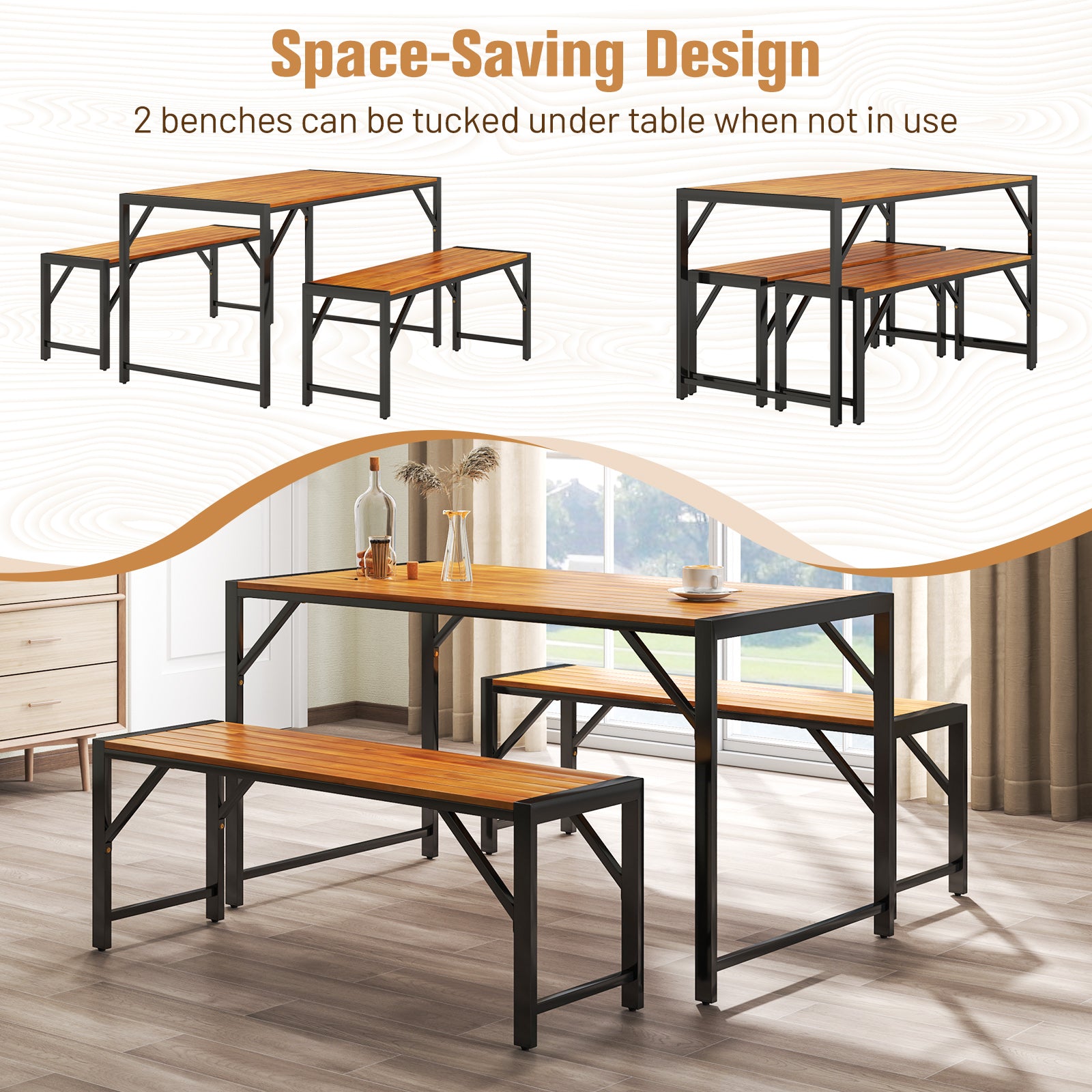 3 Pieces Patio Dining Set with Acacia Wood Dining Table and 2 Benches, Natural Patio Dining Sets at Gallery Canada