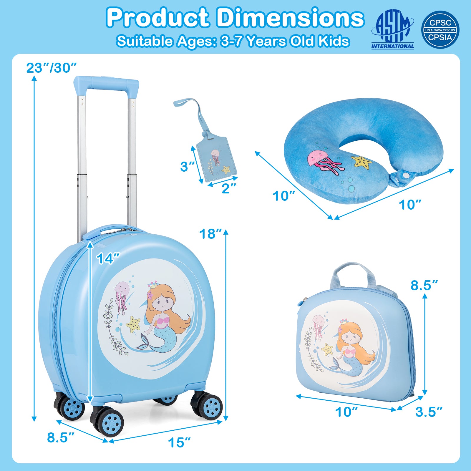 Kids Luggage Set with 14 Inches Carry-on Hardside Spinner Toddler Luggage and 10 Inches Backpack, Blue Kids Luggage at Gallery Canada