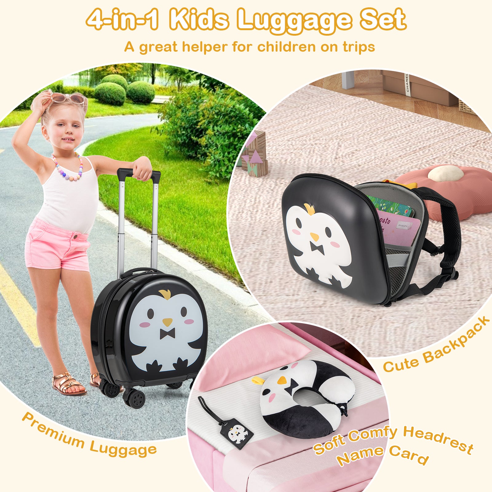 Kids Luggage Set with 14 Inches Carry-on Hardside Spinner Toddler Luggage and 10 Inches Backpack, Black Kids Luggage at Gallery Canada