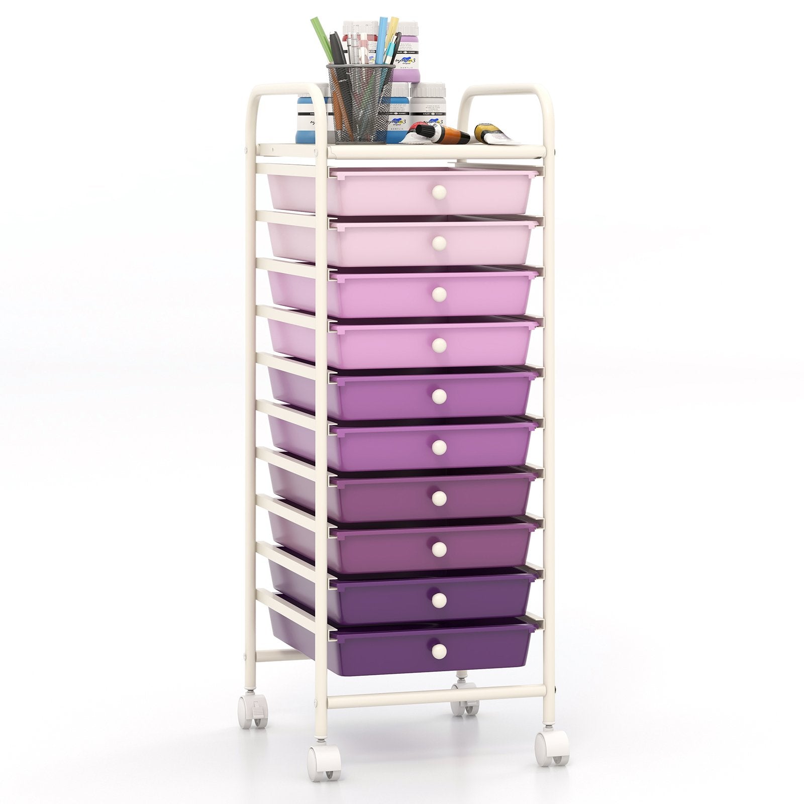 10 Drawer Rolling Storage Cart Organizer with 4 Universal Casters, Purple File Cabinets Purple at Gallery Canada