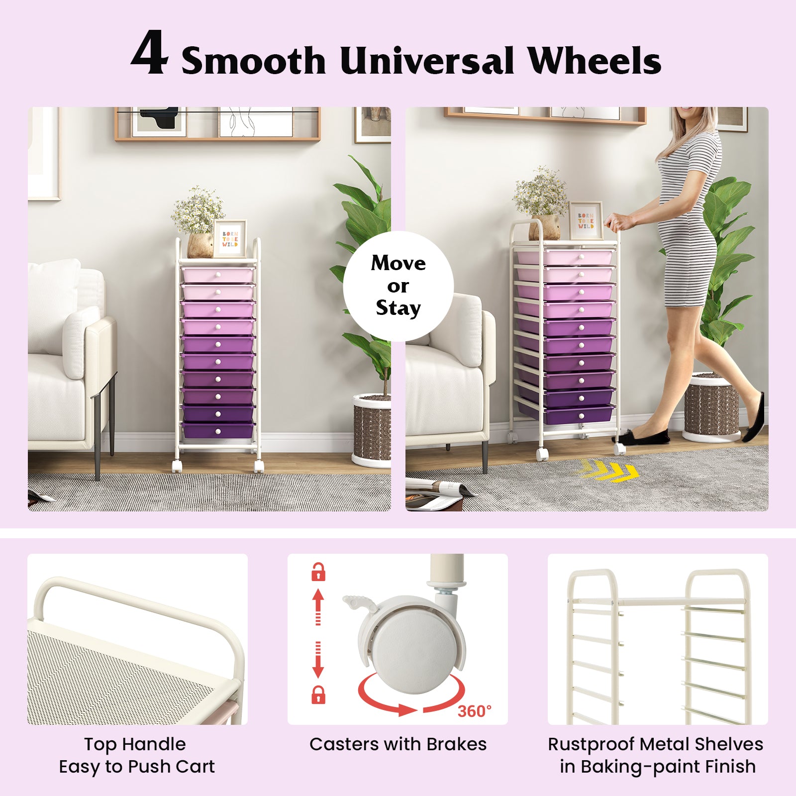 10 Drawer Rolling Storage Cart Organizer with 4 Universal Casters, Purple File Cabinets at Gallery Canada