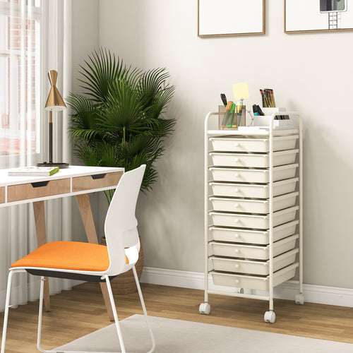 10 Drawer Rolling Storage Cart Organizer with 4 Universal Casters, White