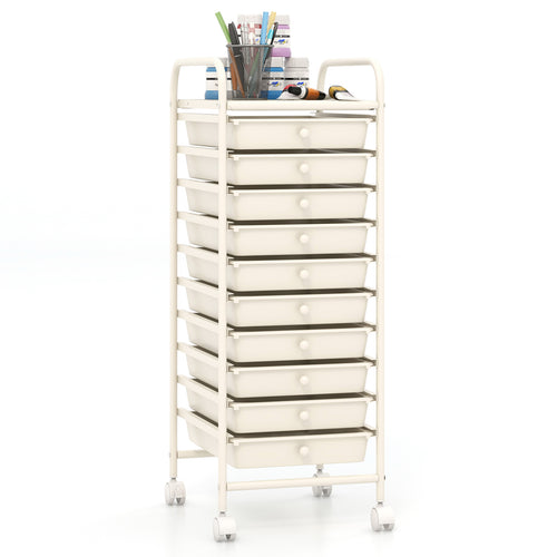 10 Drawer Rolling Storage Cart Organizer with 4 Universal Casters, White