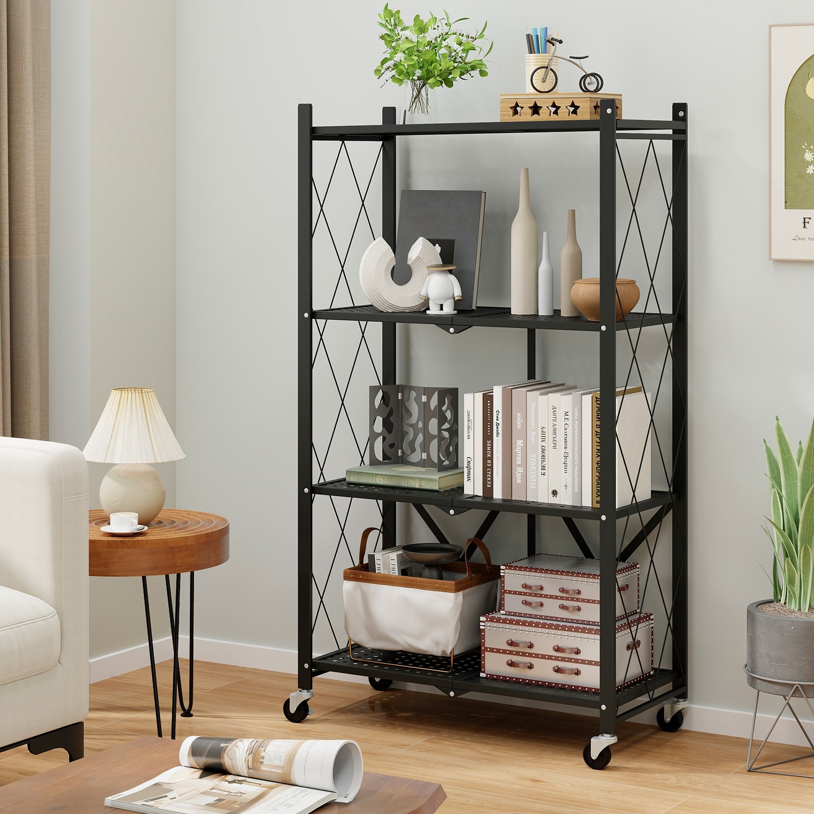 4-Tier Foldable Storage Shelf Collapsible Storage Rack with Lockable Wheels, Black Bookcases at Gallery Canada