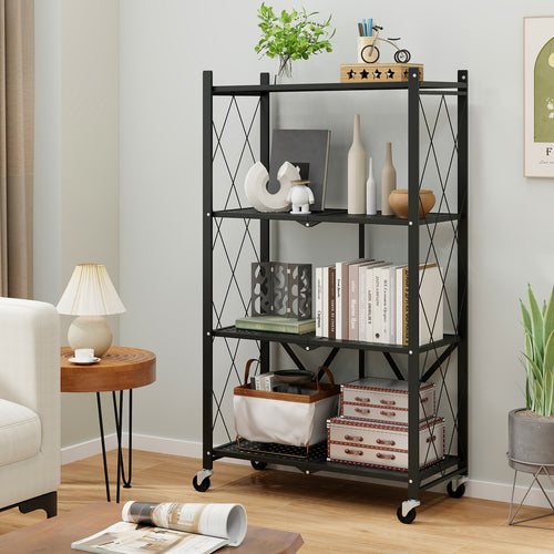 4-Tier Foldable Storage Shelf Collapsible Storage Rack with Lockable Wheels, Black