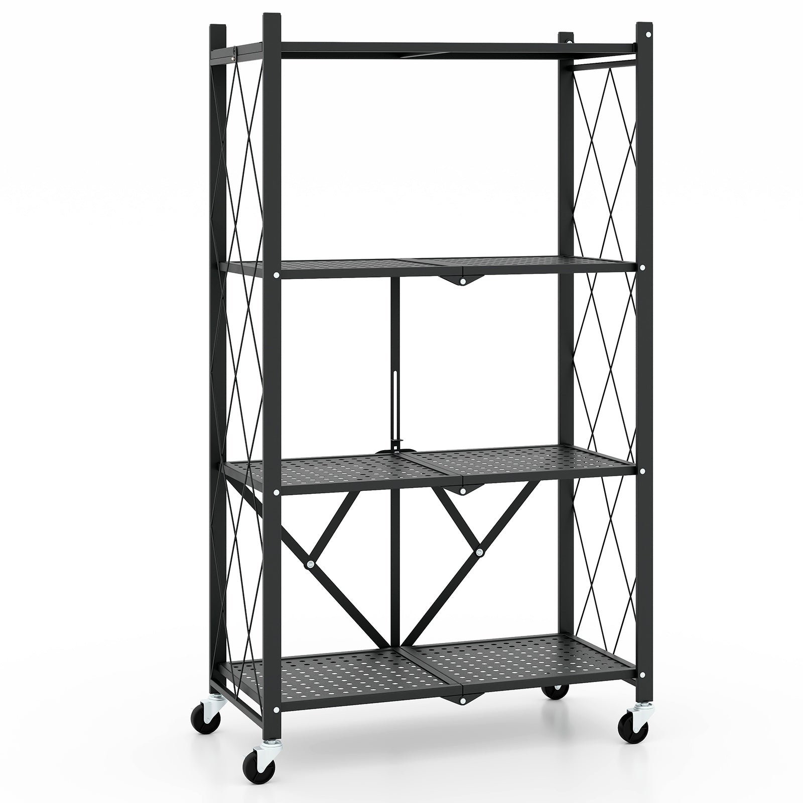 4-Tier Foldable Storage Shelf Collapsible Storage Rack with Lockable Wheels, Black Bookcases Black at Gallery Canada