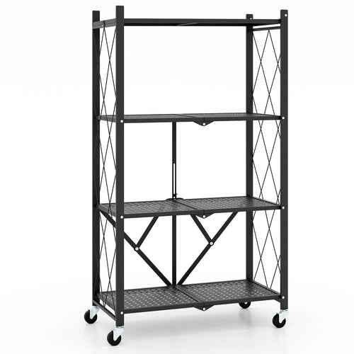 4-Tier Foldable Storage Shelf Collapsible Storage Rack with Lockable Wheels, Black