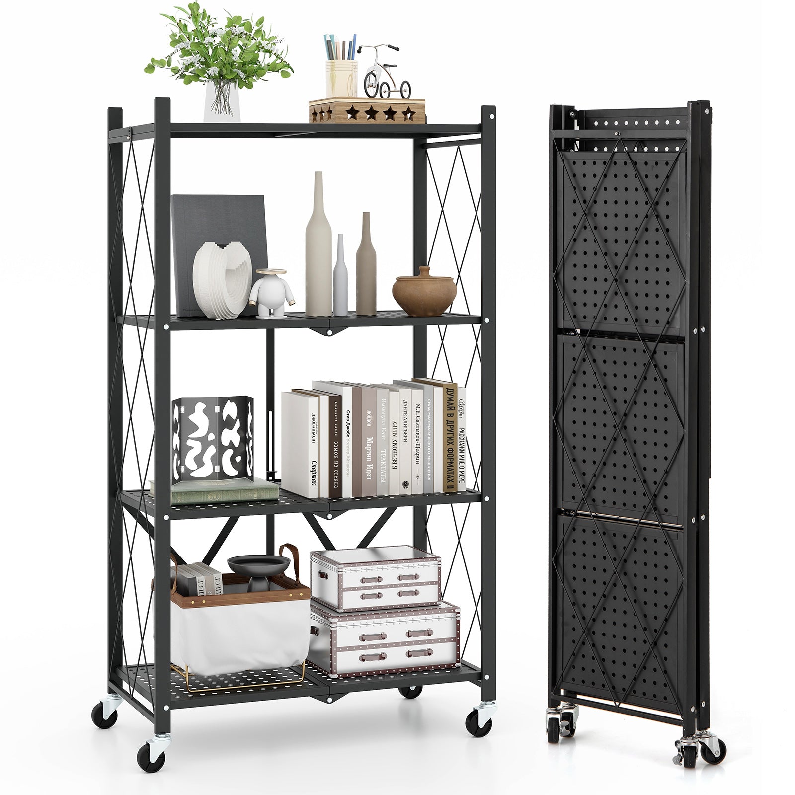 4-Tier Foldable Storage Shelf Collapsible Storage Rack with Lockable Wheels, Black Bookcases at Gallery Canada