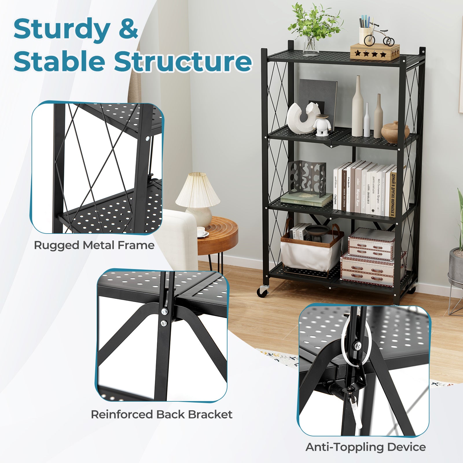 4-Tier Foldable Storage Shelf Collapsible Storage Rack with Lockable Wheels, Black Bookcases at Gallery Canada