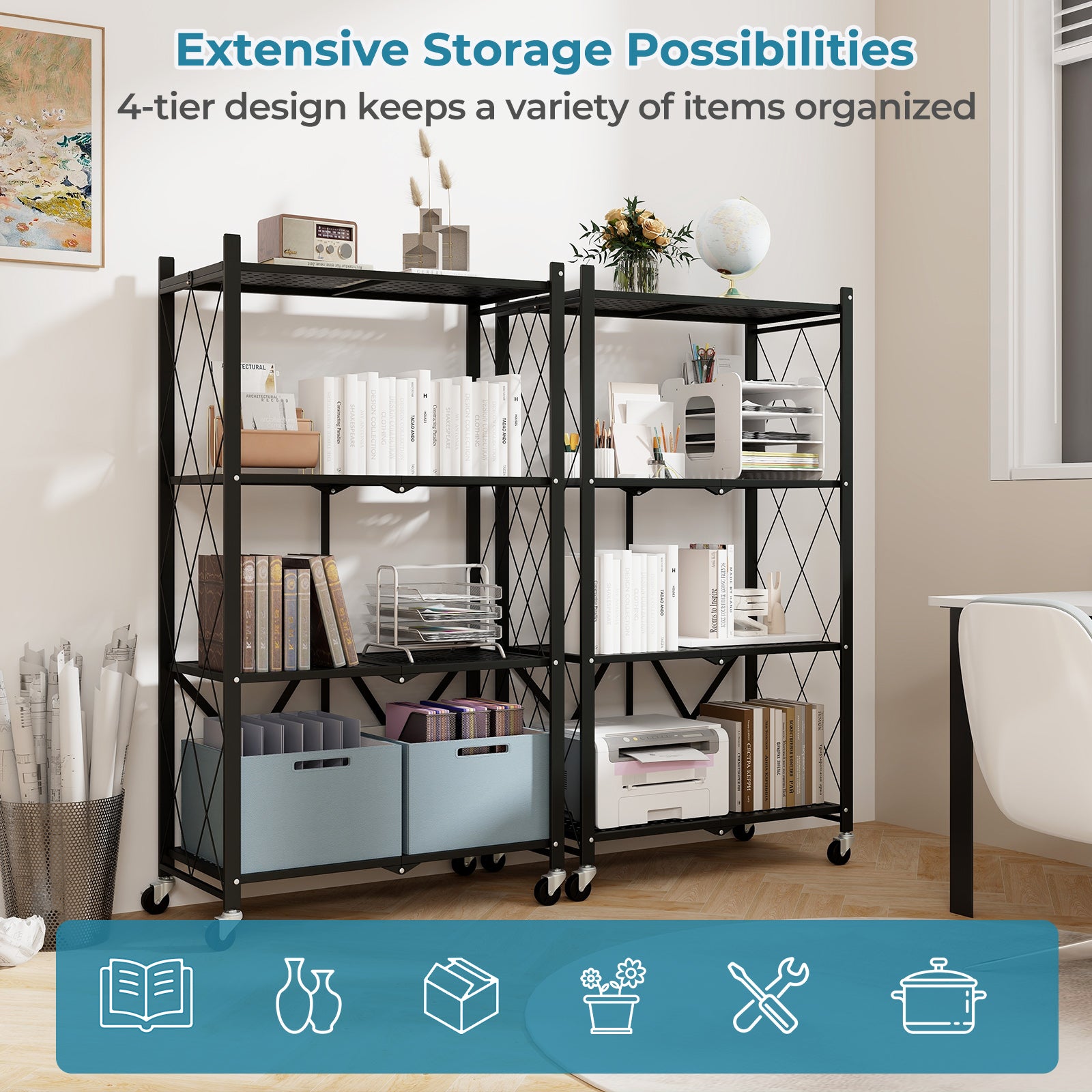 4-Tier Foldable Storage Shelf Collapsible Storage Rack with Lockable Wheels, Black Bookcases at Gallery Canada