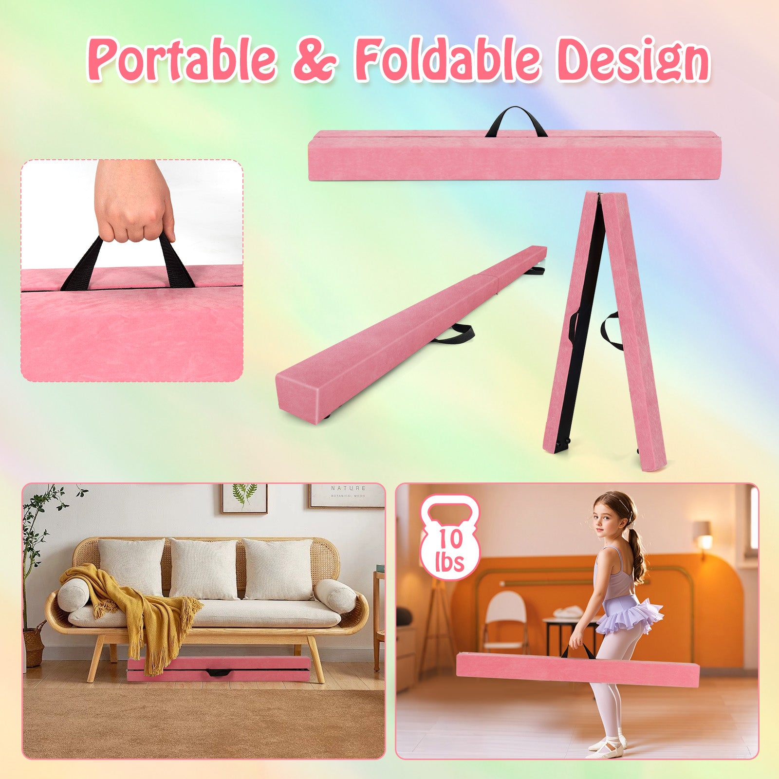Folding Balance Beam with Solid Wood Base and Anti-slip Bottom, Light Pink Toy Sports at Gallery Canada