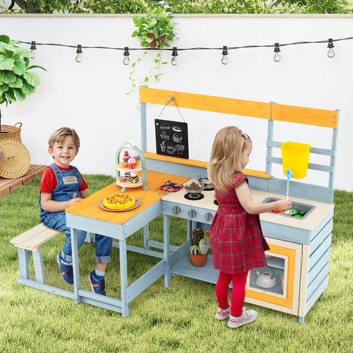 Fir Wood Play Kitchen with Kids Picnic Table and Built-in Bench-Grey, Gray