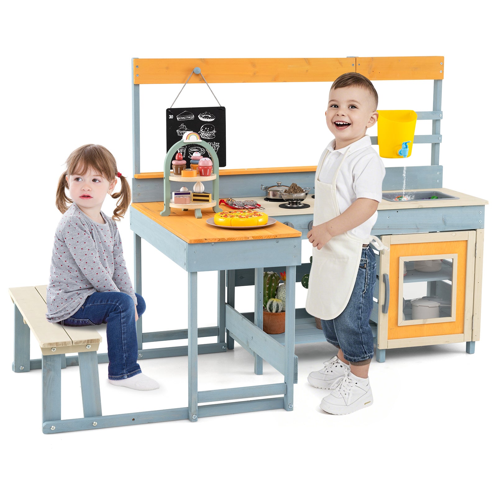 Fir Wood Play Kitchen with Kids Picnic Table and Built-in Bench-Grey, Gray Play Kitchen Sets at Gallery Canada