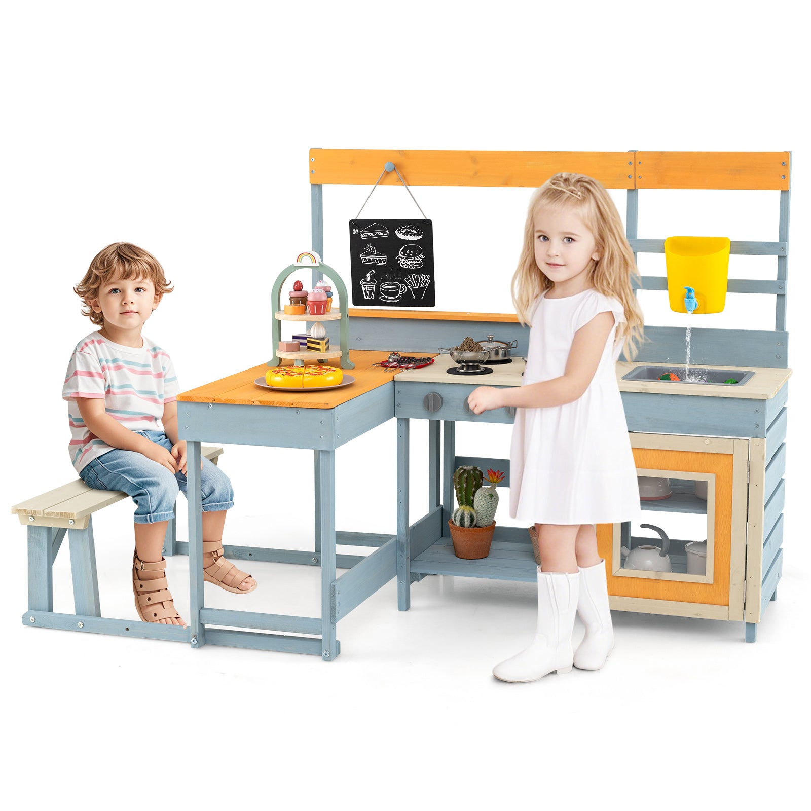 Fir Wood Play Kitchen with Kids Picnic Table and Built-in Bench-Grey, Gray Play Kitchen Sets at Gallery Canada