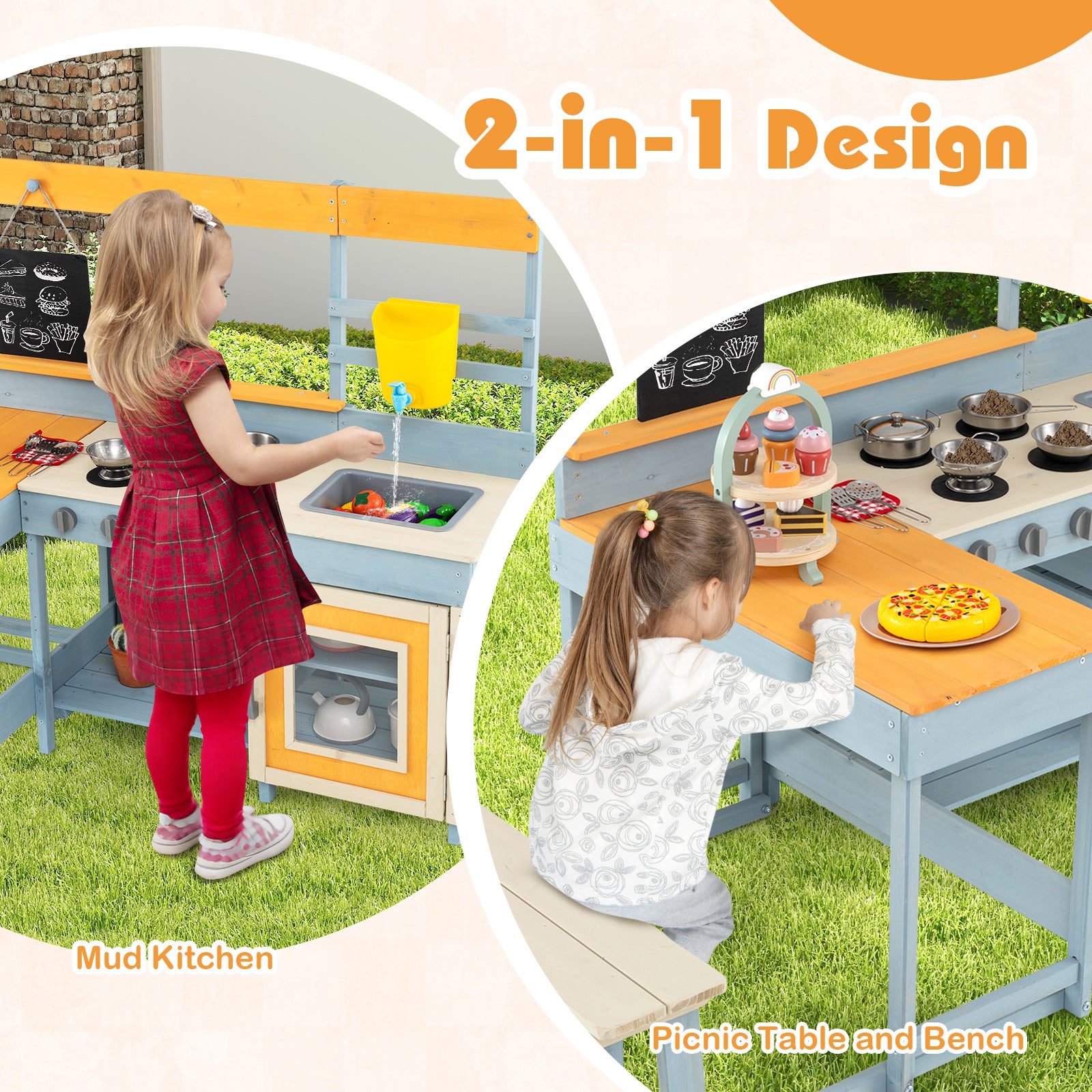 Fir Wood Play Kitchen with Kids Picnic Table and Built-in Bench-Grey, Gray Play Kitchen Sets at Gallery Canada